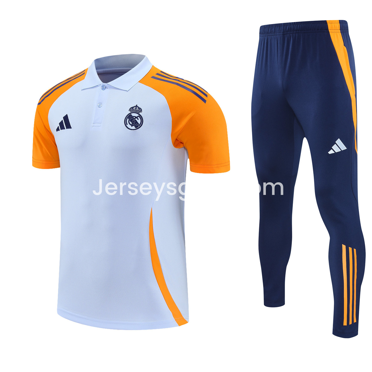 JerseysGala.com | Real Madrid 25-26 POLO Short-Sleeve Training Set - Light Blue Top and Deep Blue Pants -Customize Name, Number and Patch | Worldwide Shipping