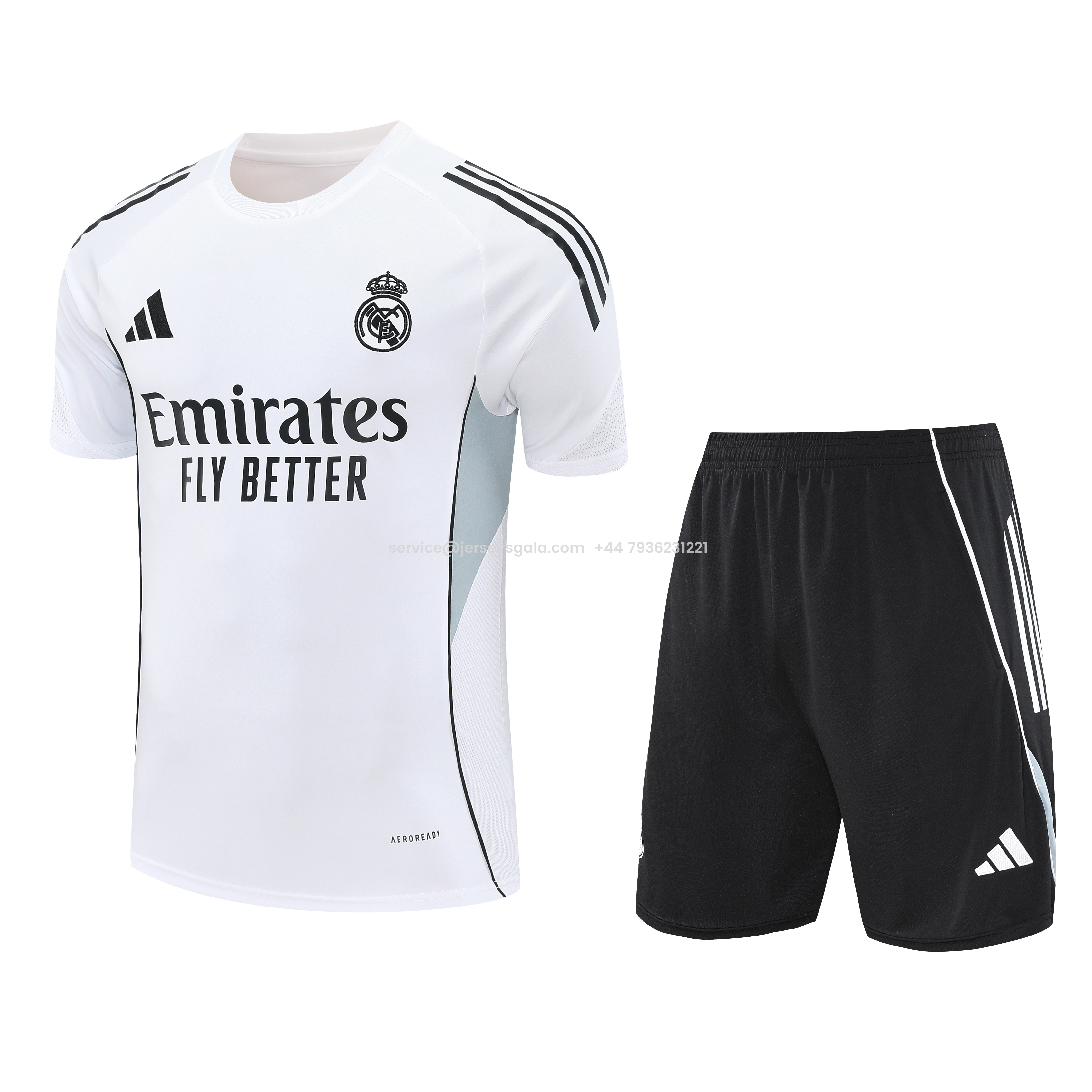 JerseysGala.com | Real Madrid 25-26 Short-Sleeve Training Set - Grey And White Top & Black Shorts -Customize Name, Number and Patch | Worldwide Shipping