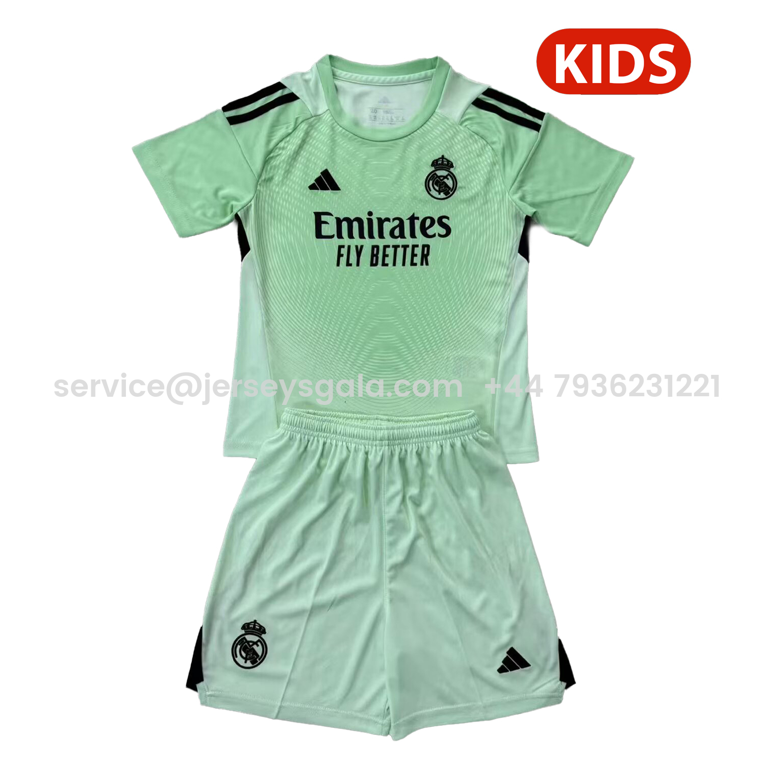 JerseysGala.com | Real Madrid 25-26 Goalkeeper Light Green Kids Kit -Customize Name, Number and Patch | Worldwide Shipping