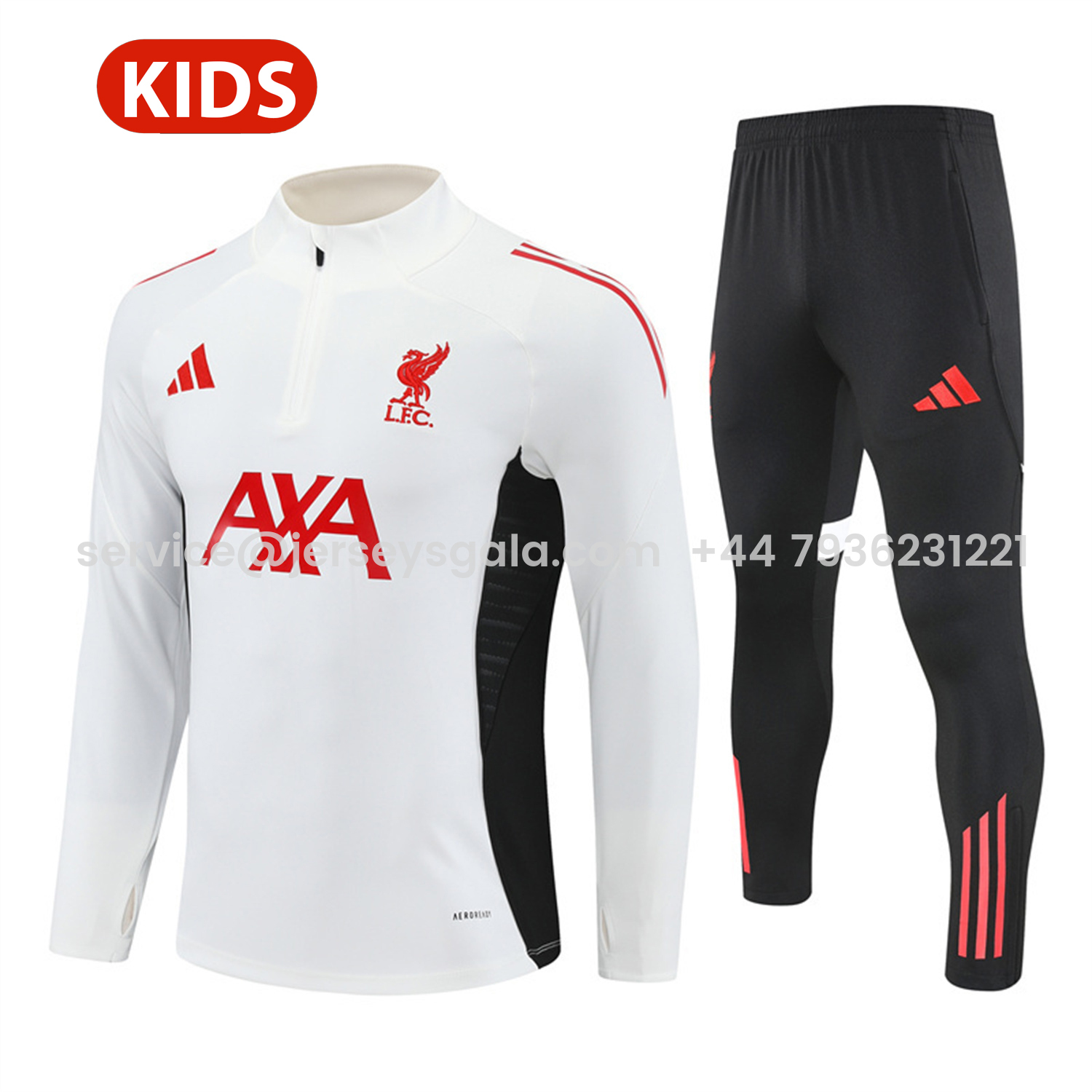 JerseysGala.com | Liver.pool 25-26 Kids Long Sleeve Training Set - White Top & Black Pants -Customize Name, Number and Patch | Worldwide Shipping