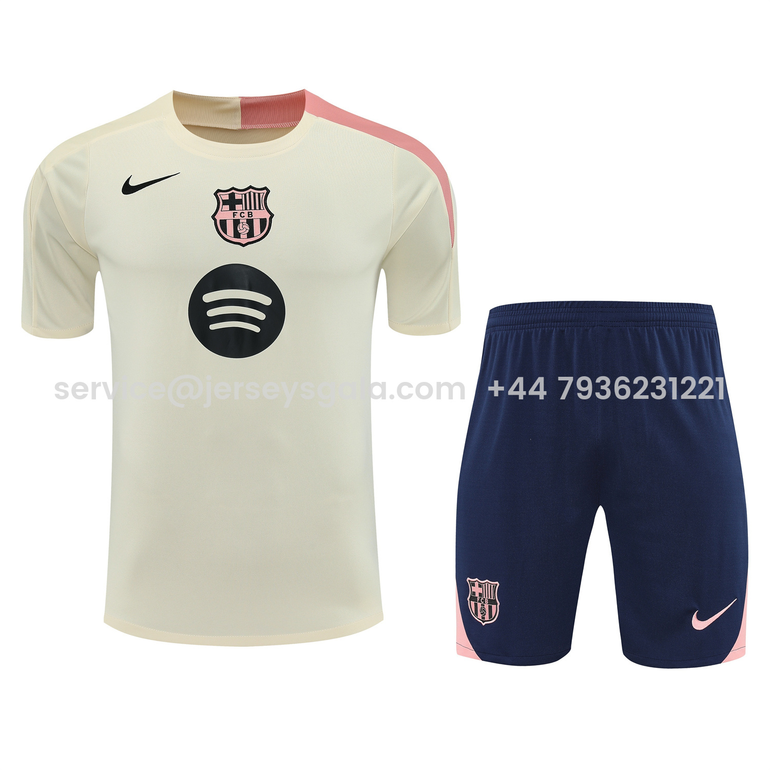 JerseysGala.com | Barcelona 25-26 Short-Sleeve Training Set - Cream Top & Deep Blue Shorts -Customize Name, Number and Patch | Worldwide Shipping