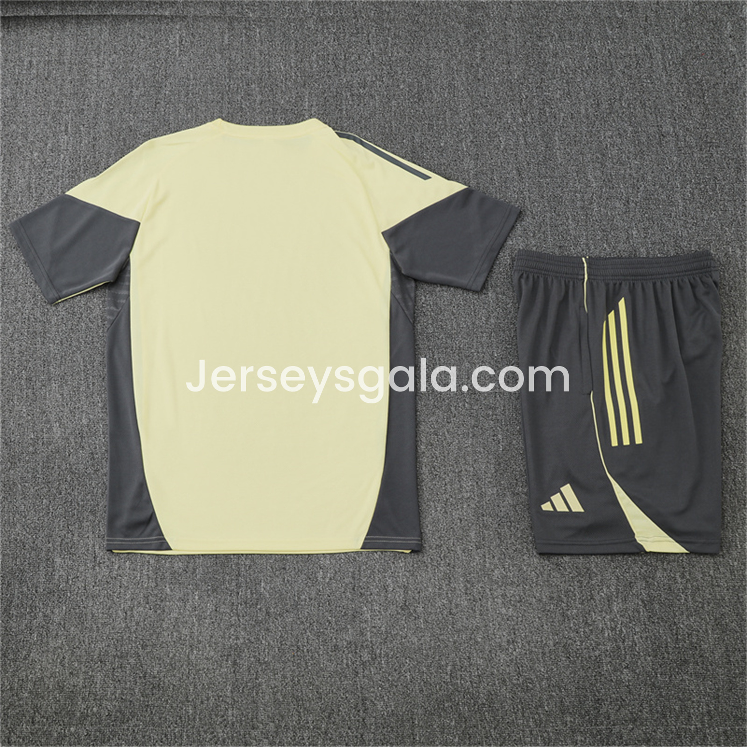 JerseysGala.com | Real Madrid 25-26 Kids Short-Sleeve Training Set - Yellow Top and Grey Shorts -Customize Name, Number and Patch | Worldwide Shipping