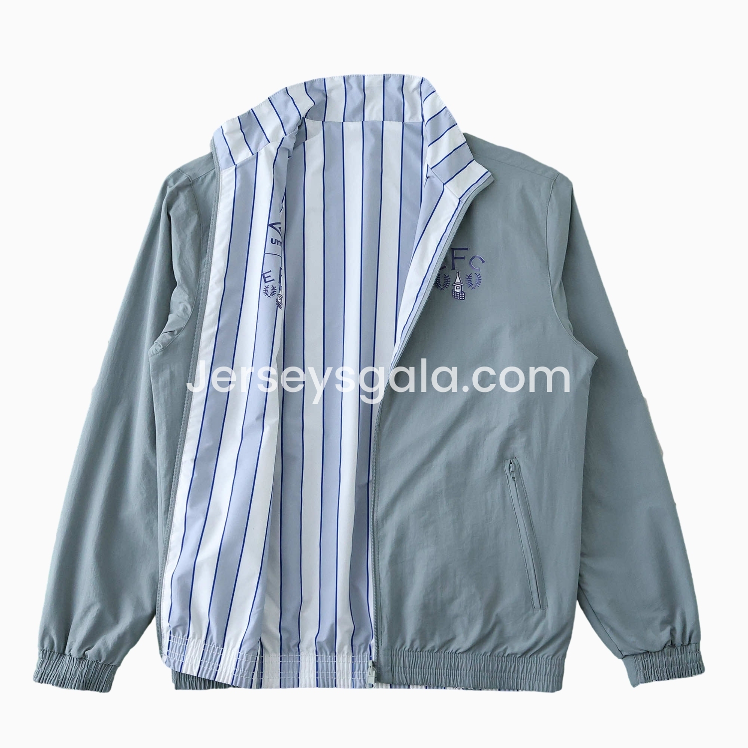 JerseysGala.com | Everton 1988-89 Retro Style Double Sided Reversible Windbreaker - White & Grey -Customize Name, Number and Patch | Worldwide Shipping