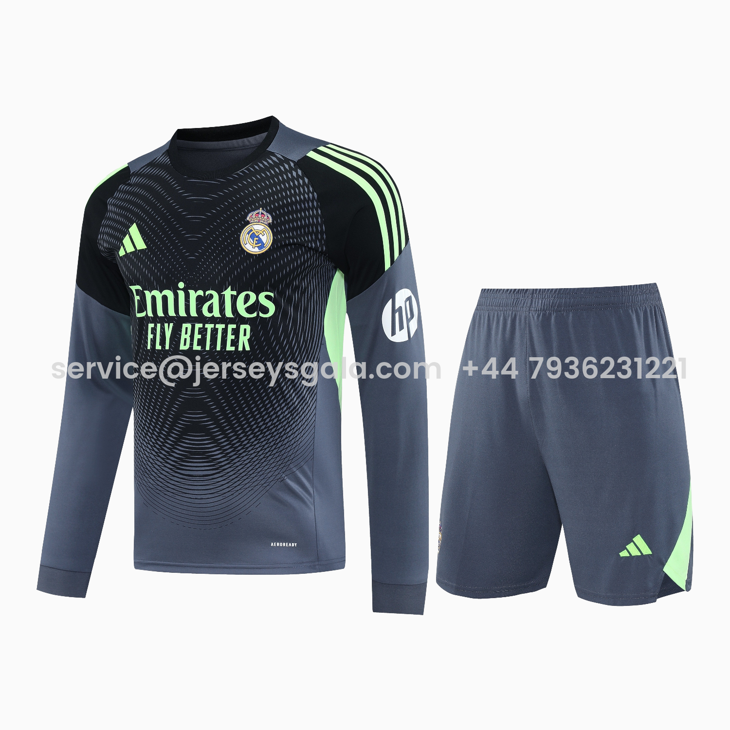 JerseysGala.com | Real Madrid 25-26 Long-Sleeve Training Set - Deep Gray Top & Gray Shorts -Customize Name, Number and Patch | Worldwide Shipping