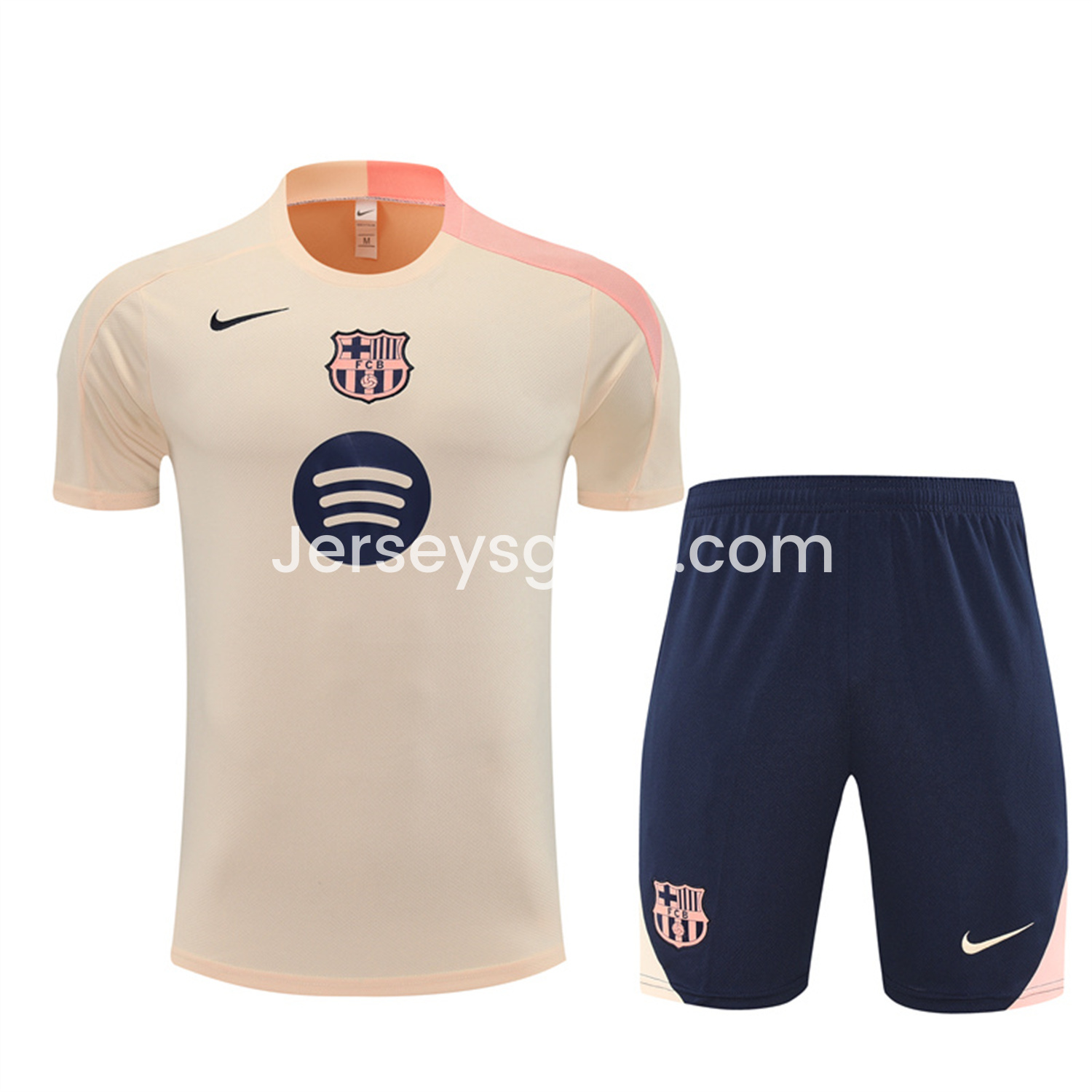 JerseysGala.com | Barcelona 25-26 Short-Sleeve Training Set - Beige Top & Blue Shorts -Customize Name, Number and Patch | Worldwide Shipping