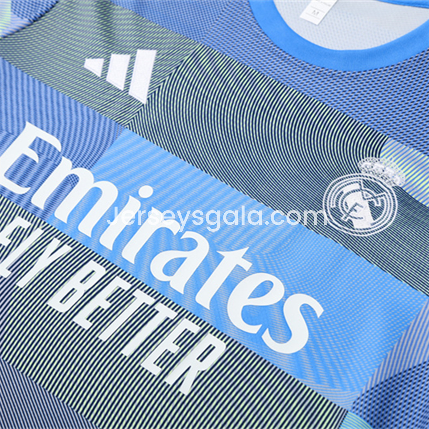 JerseysGala.com | Real Madrid 25-26 Pre-Match Kids Short-Sleeve Training Set - Blue-Gray Camouflage Top and Blue Shorts -Customize Name, Number and Patch | Worldwide Shipping