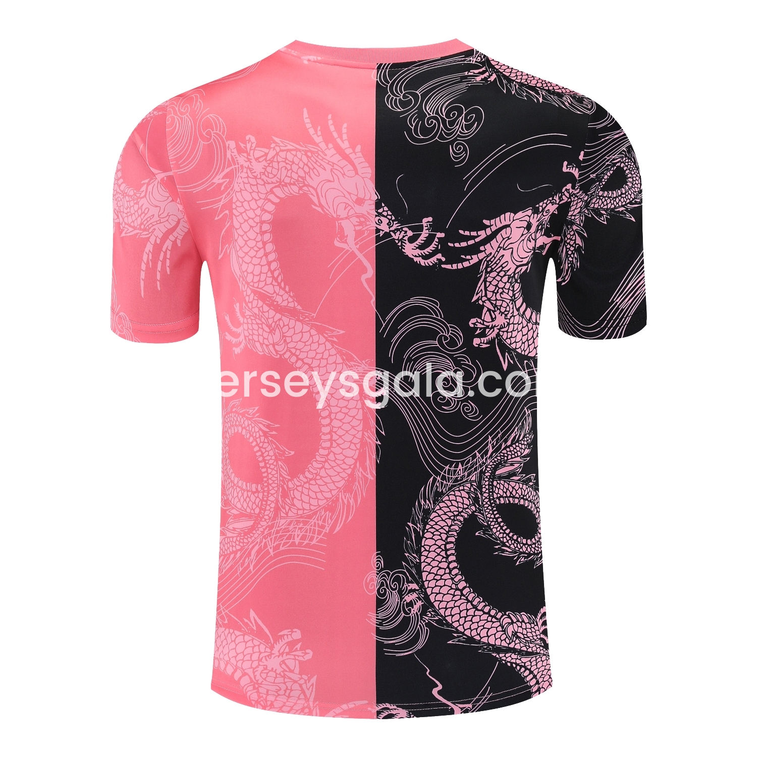 JerseysGala.com | Real Madrid 25-26 Short-Sleeve Training Set - Pink-Black Dragon Top & Black-White Shorts -Customize Name, Number and Patch | Worldwide Shipping