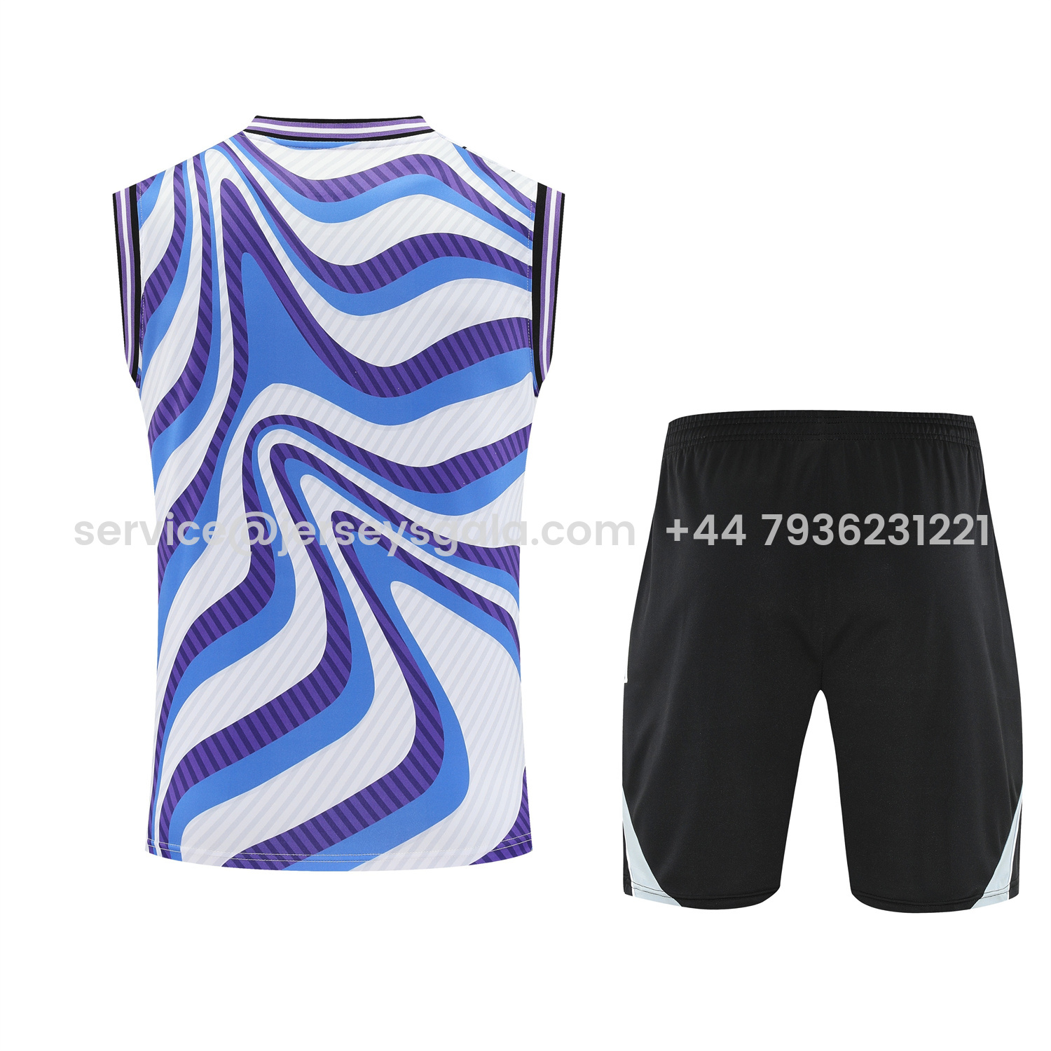 JerseysGala.com | Real Madrid 25-26 Vest Training Set - Blue Purple Curve Pattern Vest & Black Shorts -Customize Name, Number and Patch | Worldwide Shipping