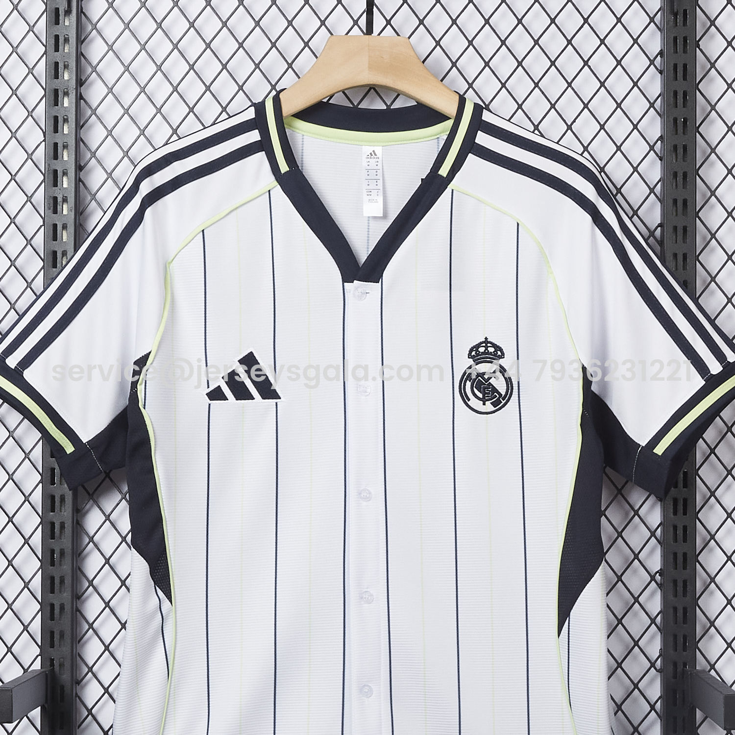 JerseysGala.com | Real Madrid 25-26 White Baseball Jersey with Black Stripes -Customize Name, Number and Patch | Worldwide Shipping