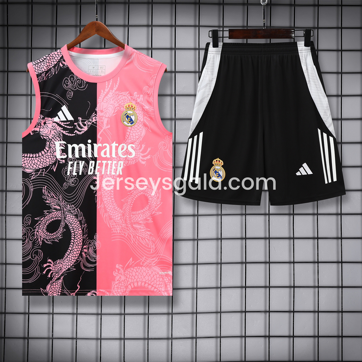 JerseysGala.com | Real Madrid 25-26 Vest Training Set - Pink-Black Dragon Vest & Black-White Shorts -Customize Name, Number and Patch | Worldwide Shipping
