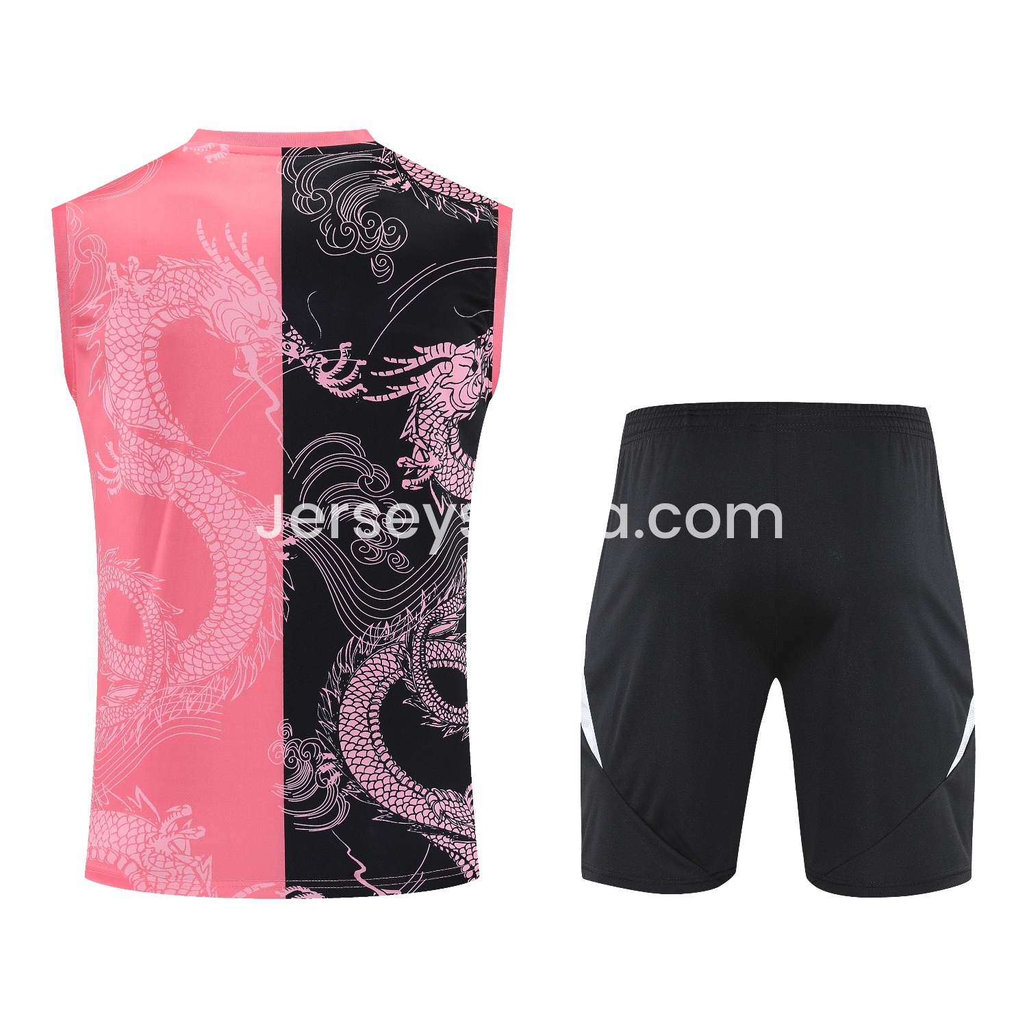 JerseysGala.com | Real Madrid 25-26 Vest Training Set - Pink-Black Dragon Vest & Black-White Shorts -Customize Name, Number and Patch | Worldwide Shipping