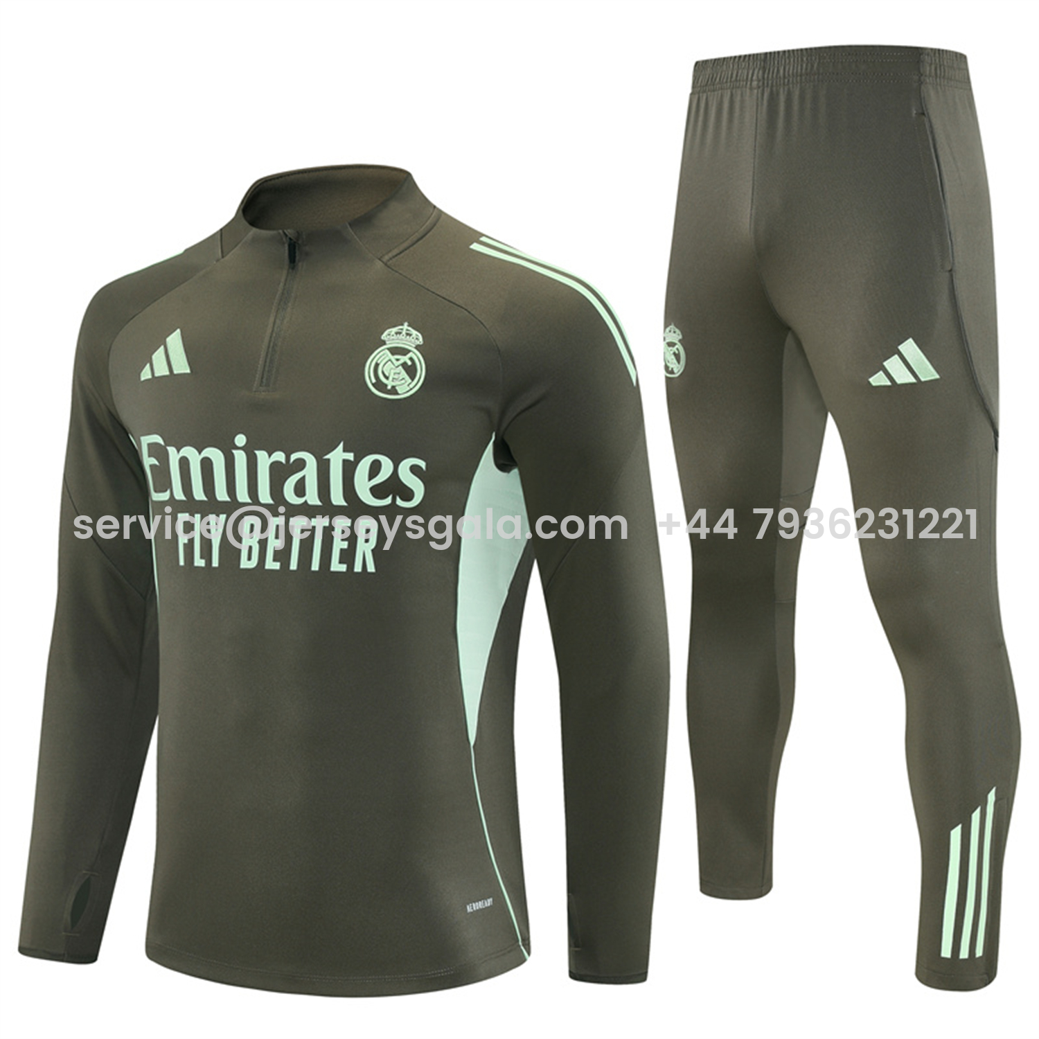 JerseysGala.com | Real Madrid 25-26 Long Sleeve Training Set - Army Green Top & Pants -Customize Name, Number and Patch | Worldwide Shipping