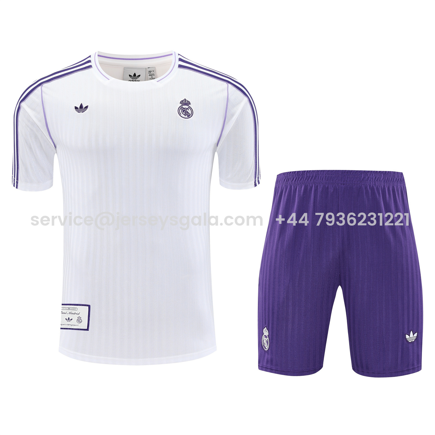 JerseysGala.com | Real Madrid 25-26 Short-Sleeve Training Set - Purple And White Top & Purple Shorts -Customize Name, Number and Patch | Worldwide Shipping
