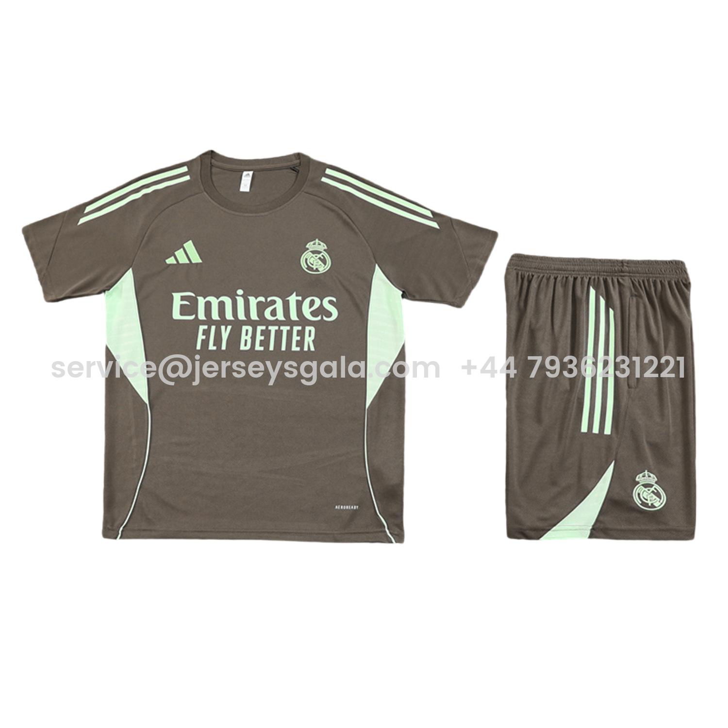 JerseysGala.com | Real Madrid 25-26 Short-Sleeve Training Set - Dark Khaki Top and Shorts -Customize Name, Number and Patch | Worldwide Shipping