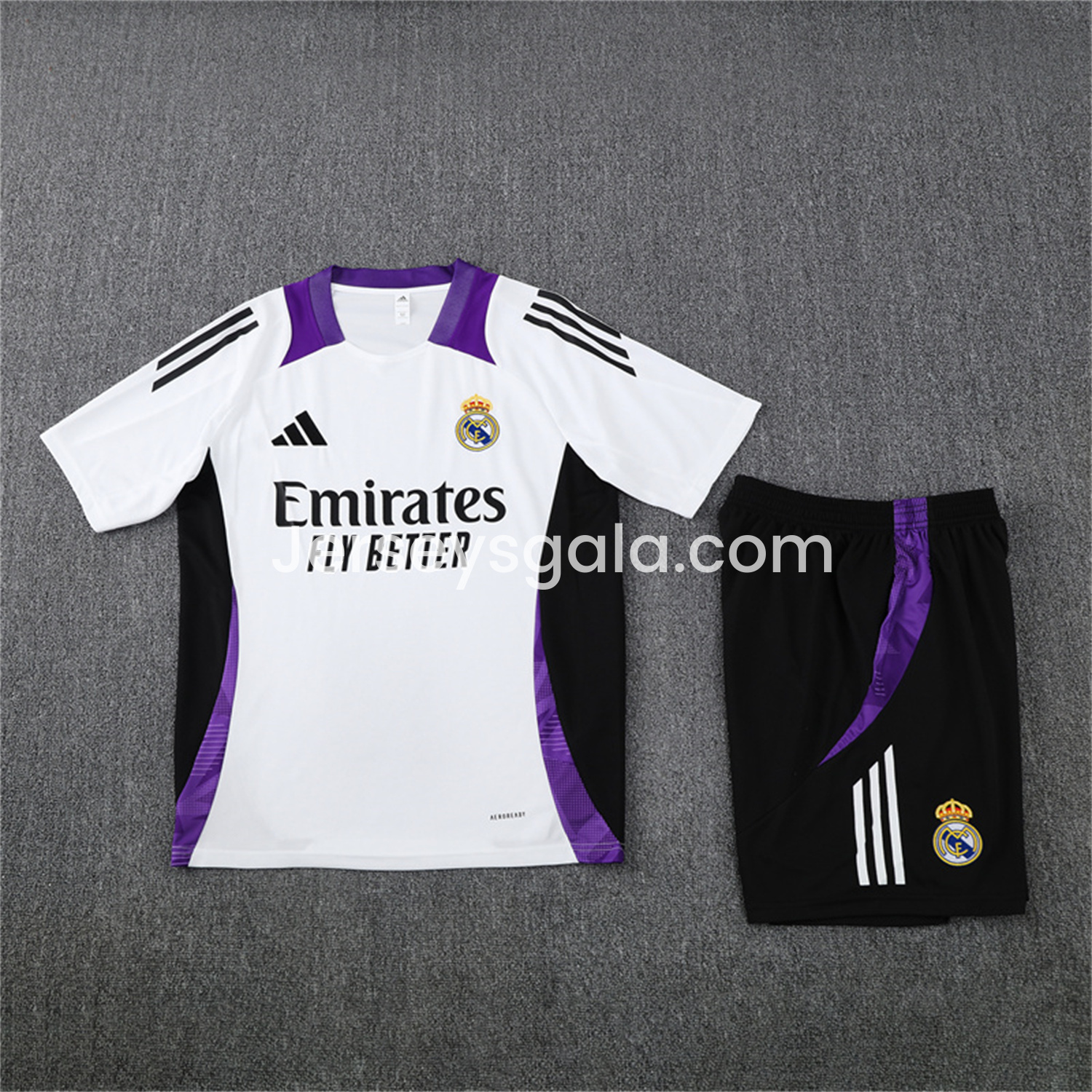 JerseysGala.com | Real Madrid 24-25 Short-Sleeve Training Set - White with Purple -Customize Name, Number and Patch | Worldwide Shipping