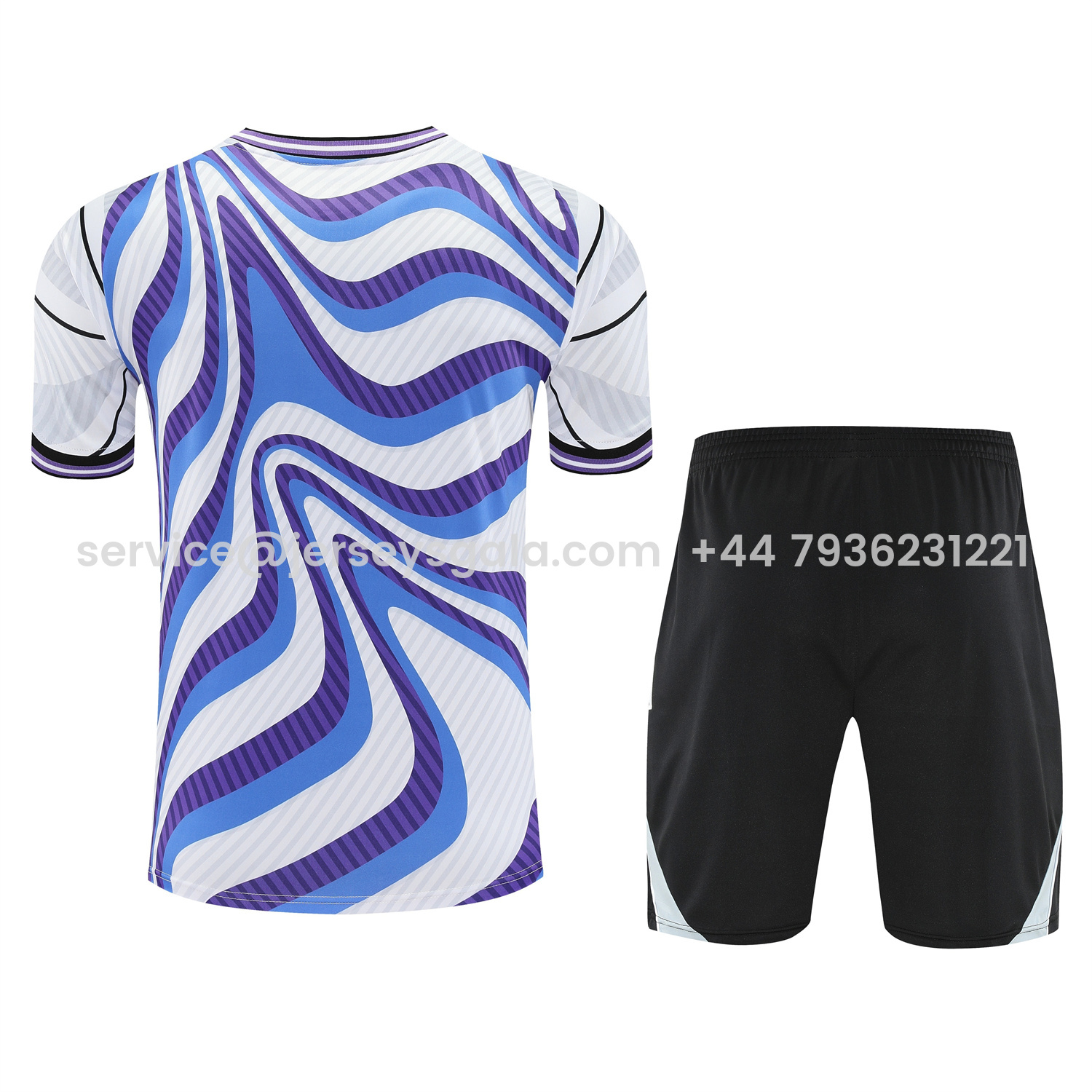 JerseysGala.com | Real Madrid 25-26 Short-Sleeve Training Set - Blue Purple Curve Pattern Top & Black Shorts -Customize Name, Number and Patch | Worldwide Shipping