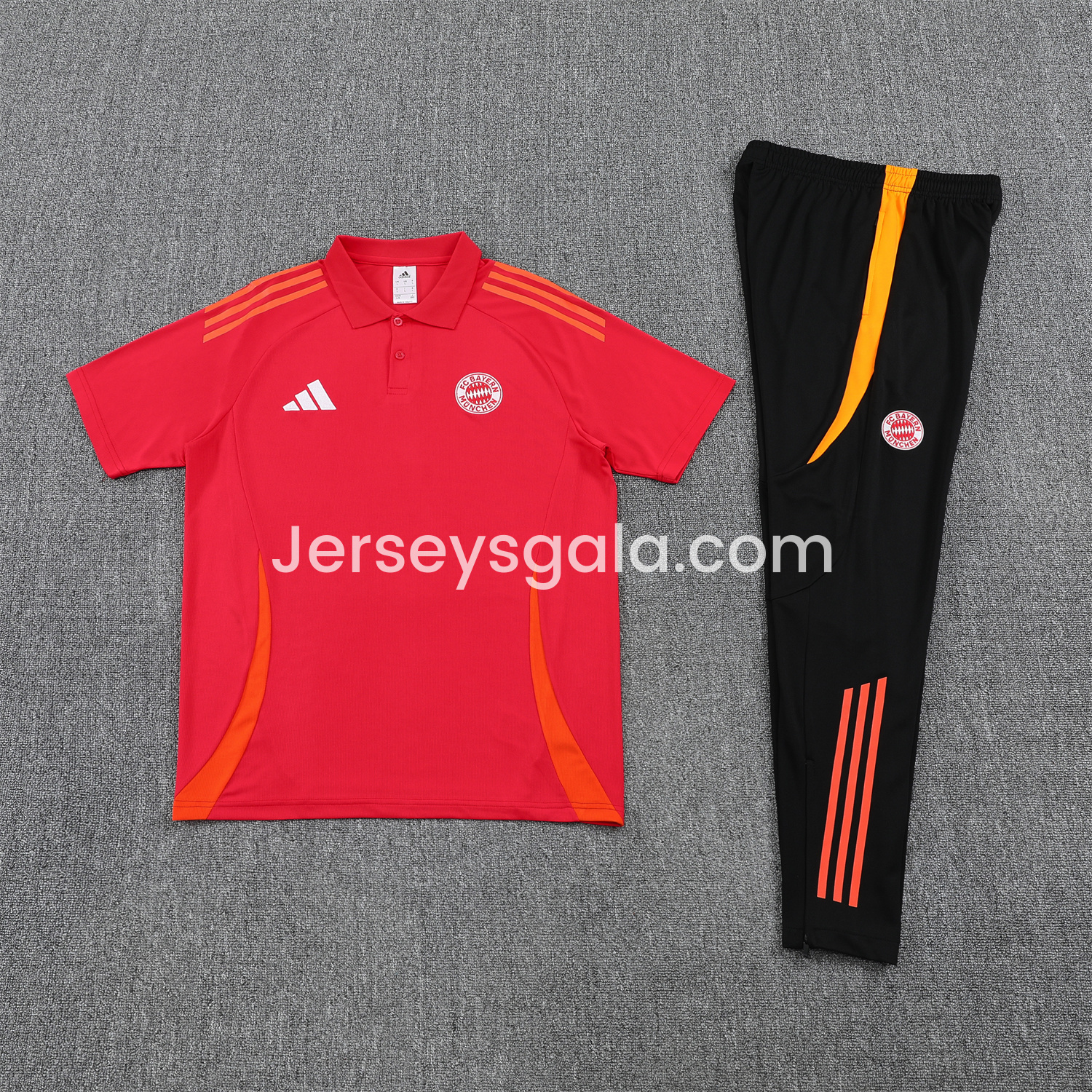 JerseysGala.com | Bayern Munich 25-26 POLO Short-Sleeve Training Set - Red Top and Black Pants -Customize Name, Number and Patch | Worldwide Shipping