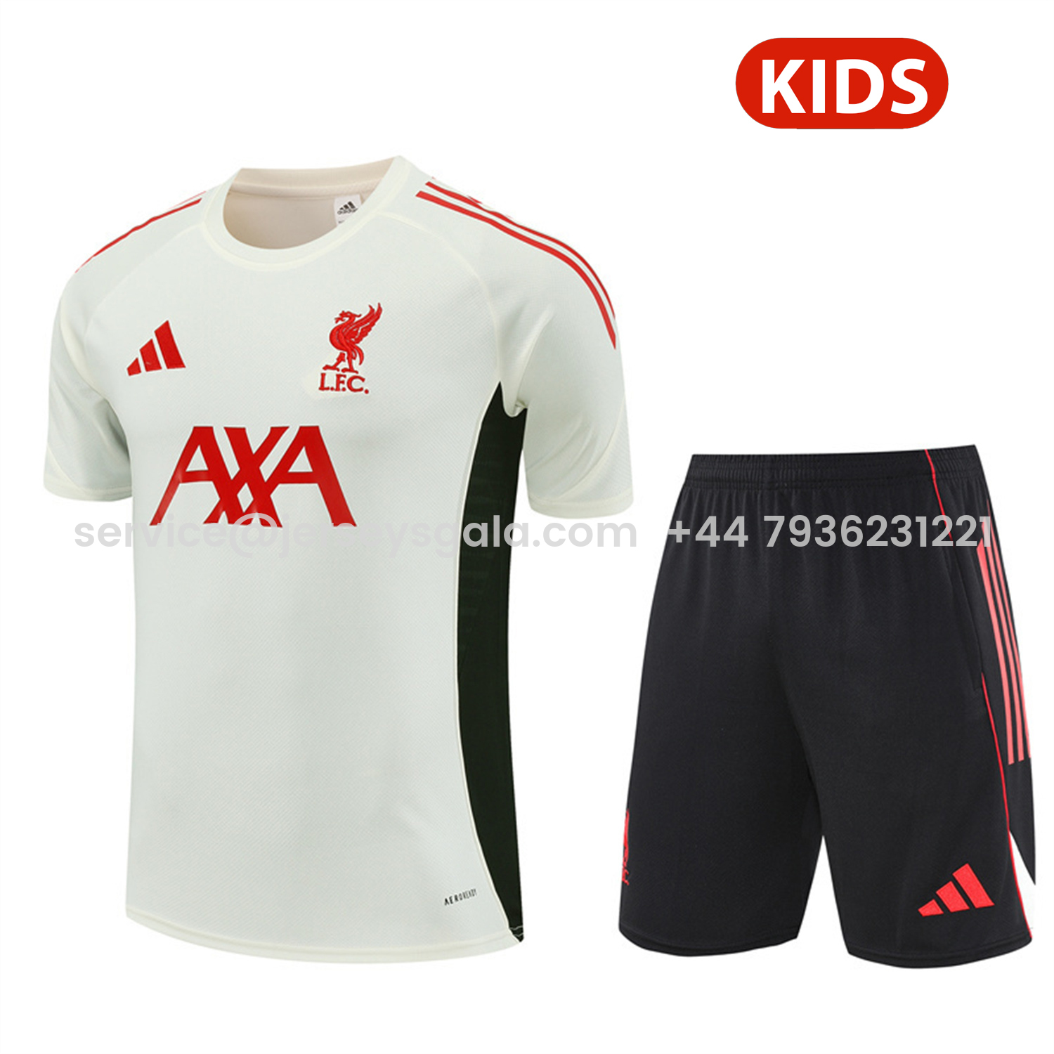 JerseysGala.com | Liver.pool 25-26 Kids Short-Sleeve Training Set Off White Top & Black Shorts -Customize Name, Number and Patch | Worldwide Shipping