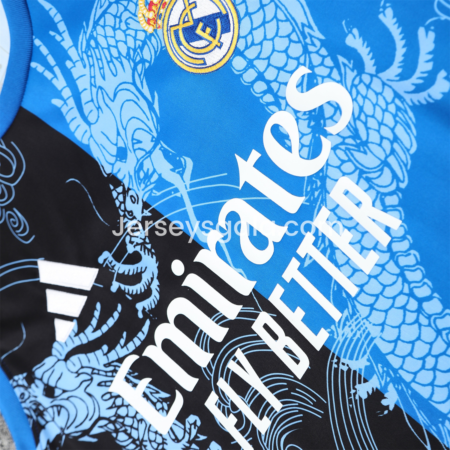 JerseysGala.com | Real Madrid 25-26 Vest Training Set - Blue Black Dragon Vest & Black-White Shorts -Customize Name, Number and Patch | Worldwide Shipping