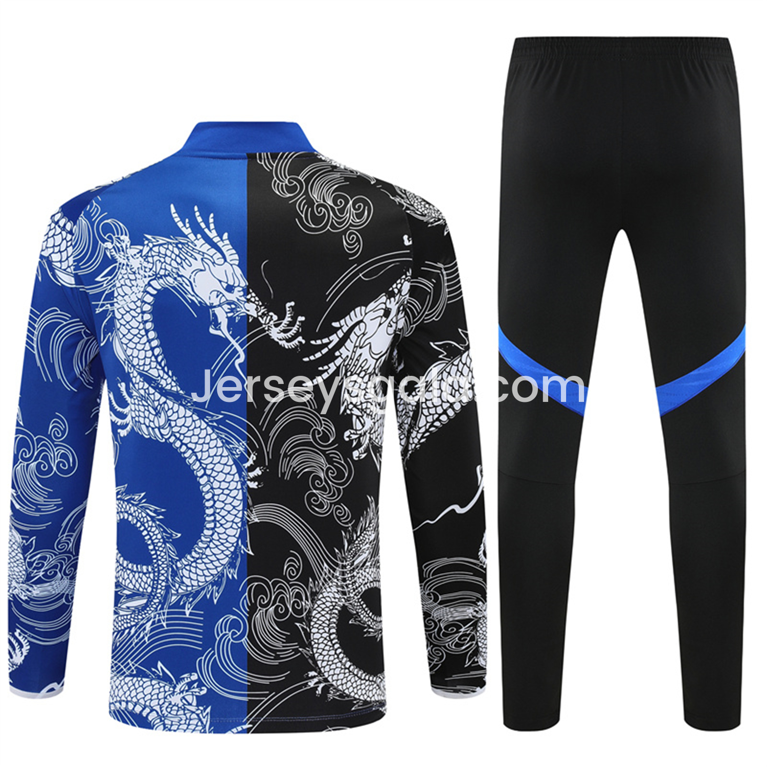 JerseysGala.com | Real Madrid 25-26 Kids Long Sleeve Training Set - White Loong Black Blue Top and Black Pants -Customize Name, Number and Patch | Worldwide Shipping