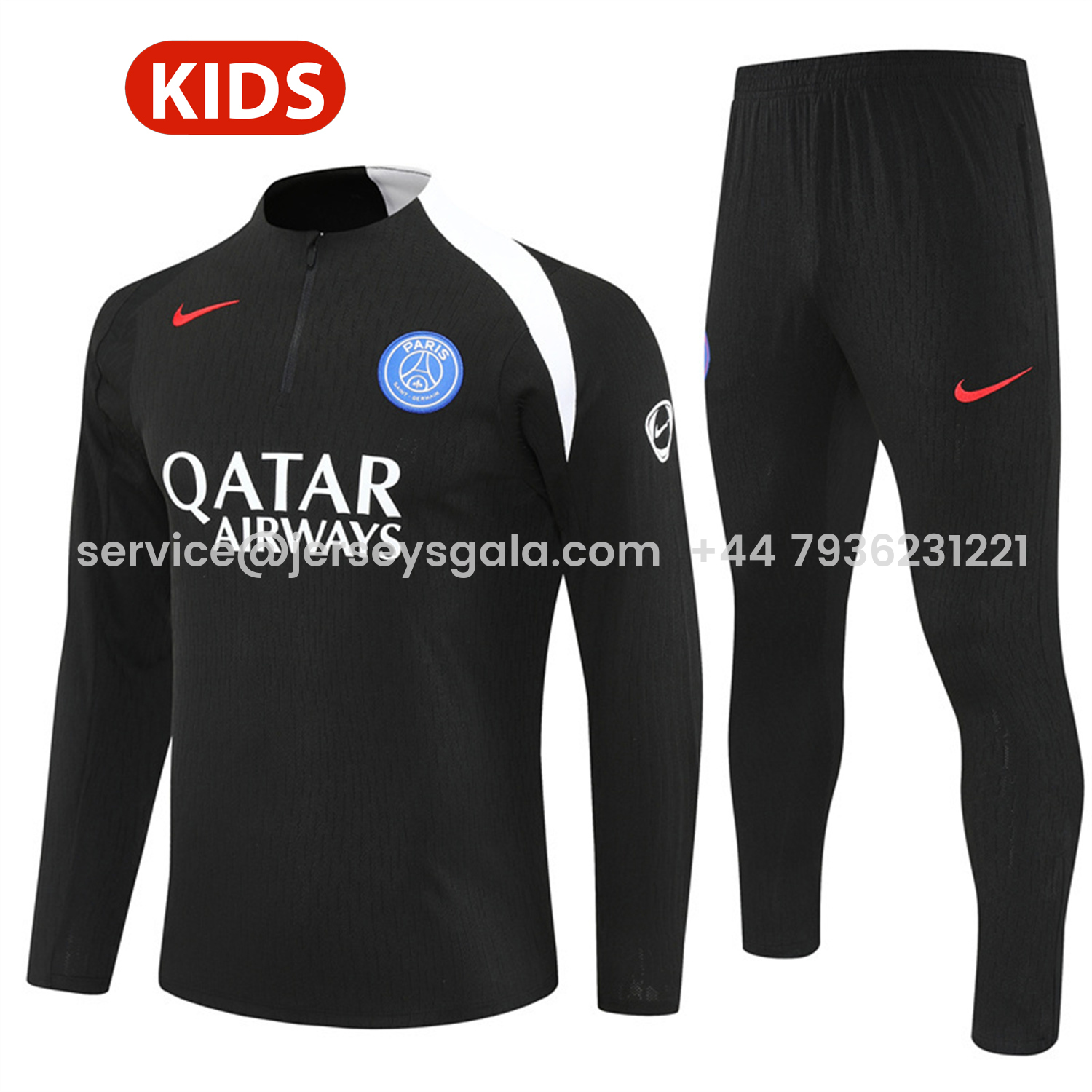 JerseysGala.com | Paris Saint-Germain PSG 25-26 Kids Long Sleeve Training Set - Player Version - Black Top and Black Pants -Customize Name, Number and Patch | Worldwide Shipping