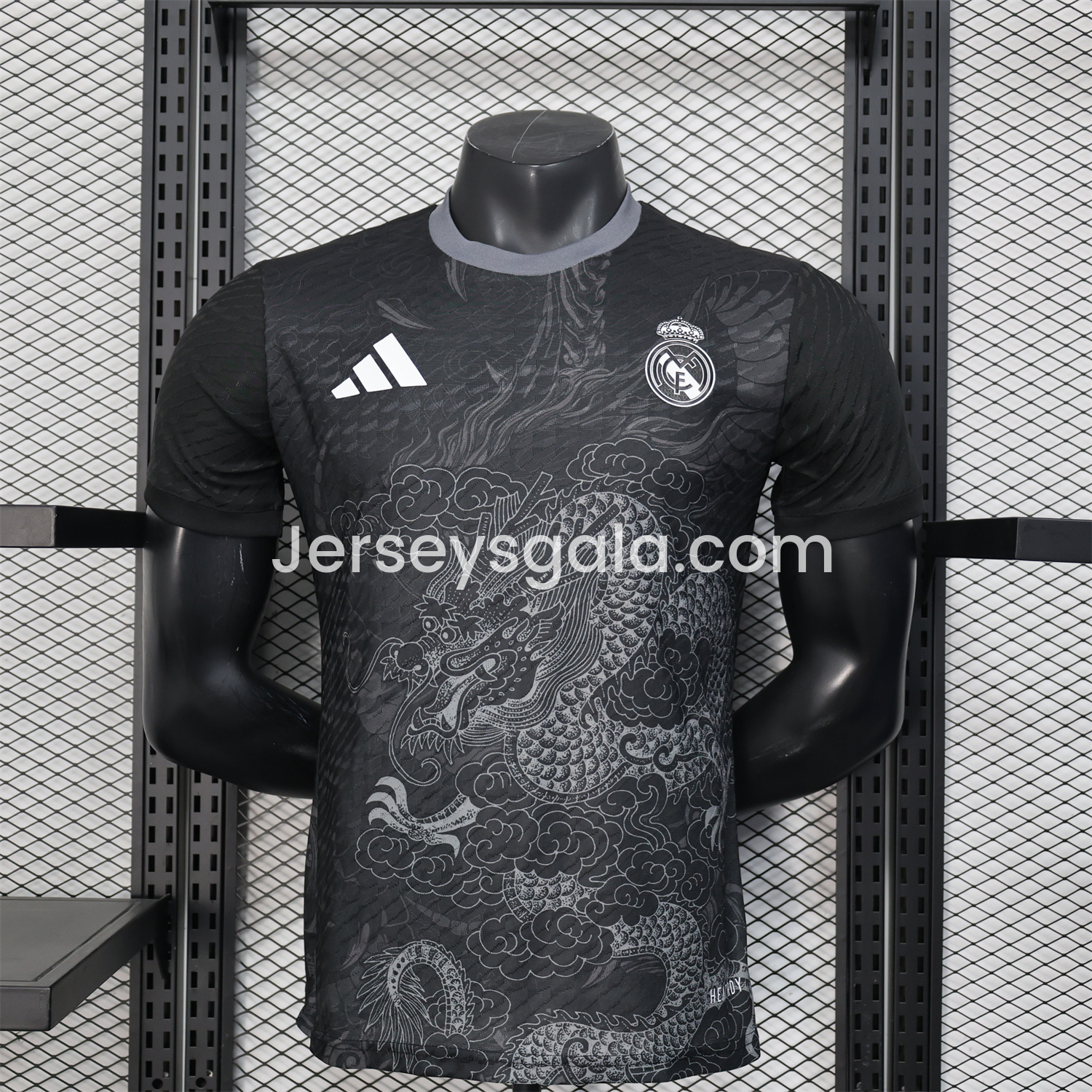 JerseysGala.com | Real Madrid 25-26 Grey Chinese Loong and Auspicious Clouds Line Drawing Black Jersey - Player Version -Customize Name, Number and Patch | Worldwide Shipping