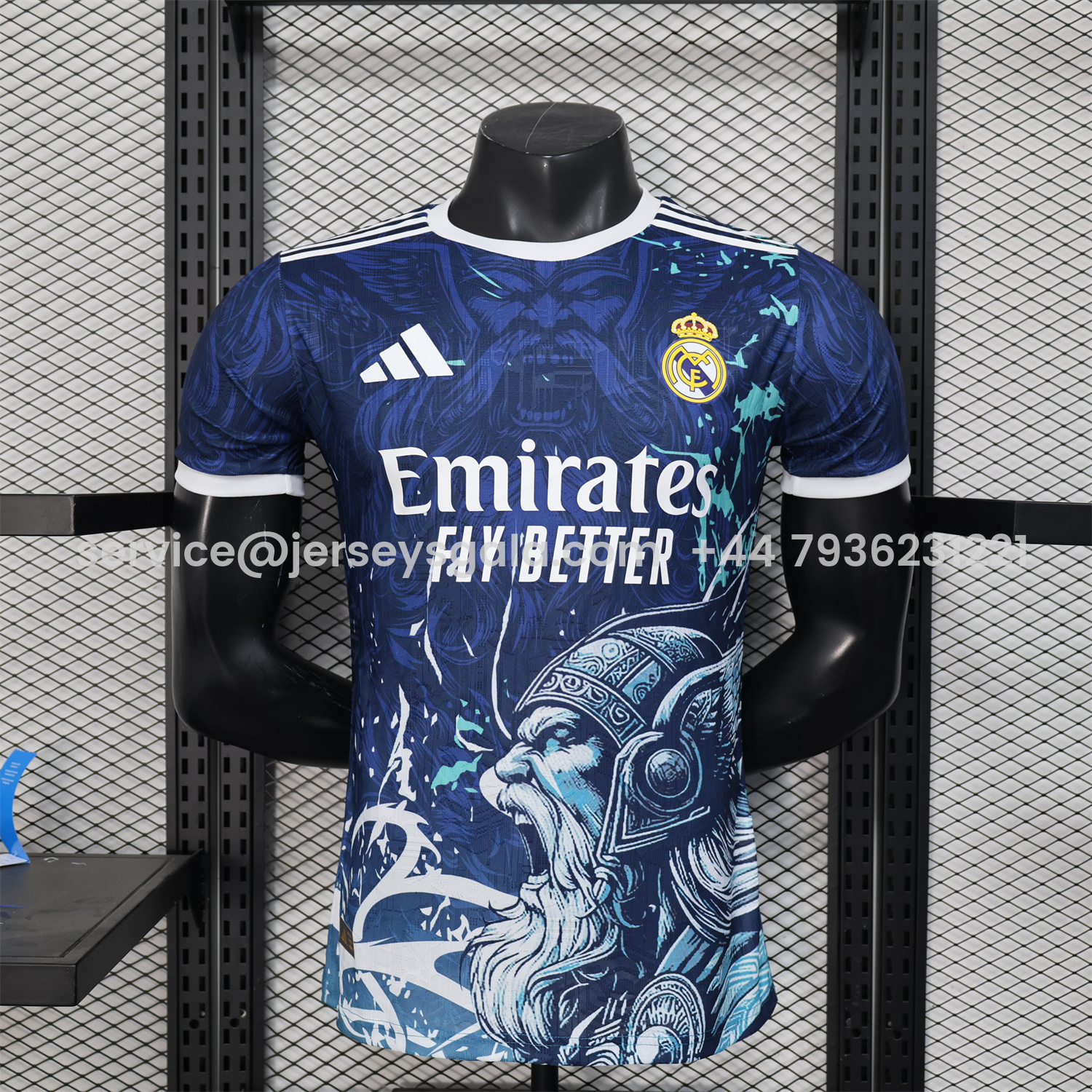 JerseysGala.com | Real Madrid 25-26 Blue Jersey with White Viking Roar Comics - Player Version -Customize Name, Number and Patch | Worldwide Shipping