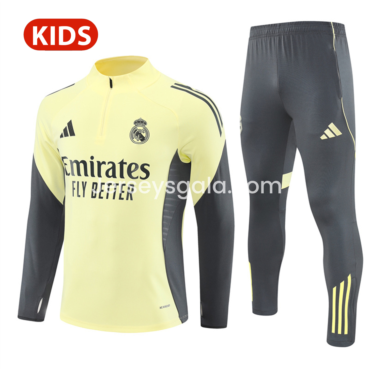 JerseysGala.com | Real Madrid 25-26 Kid Long Sleeves Training Set - Yellow Top & Gray Pants -Customize Name, Number and Patch | Worldwide Shipping