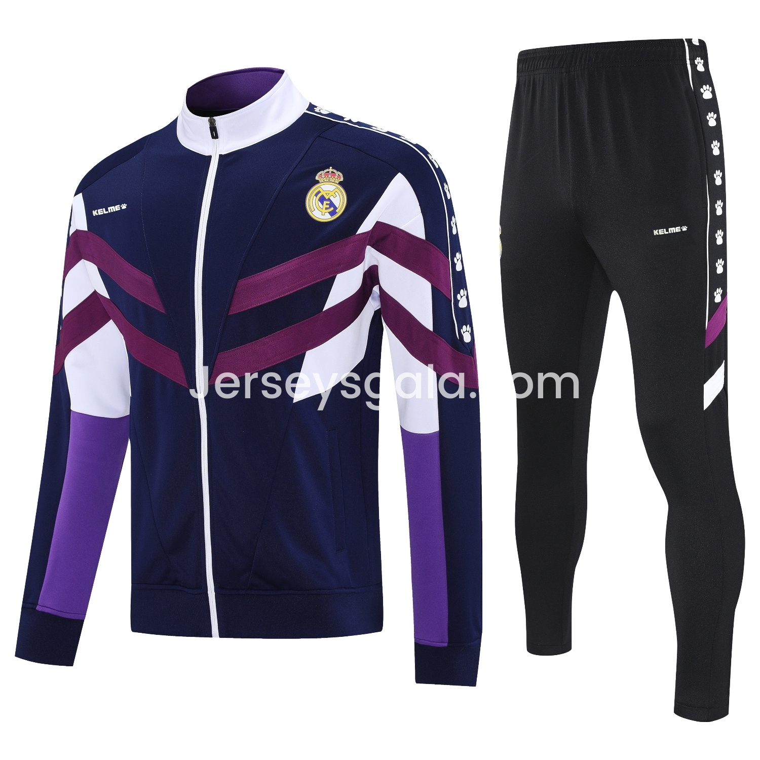 JerseysGala.com | Real Madrid 25-26 Throwback Jacket Training Tracksuit - Deep Blue and Purple Jackets & Black Pants -Customize Name, Number and Patch | Worldwide Shipping