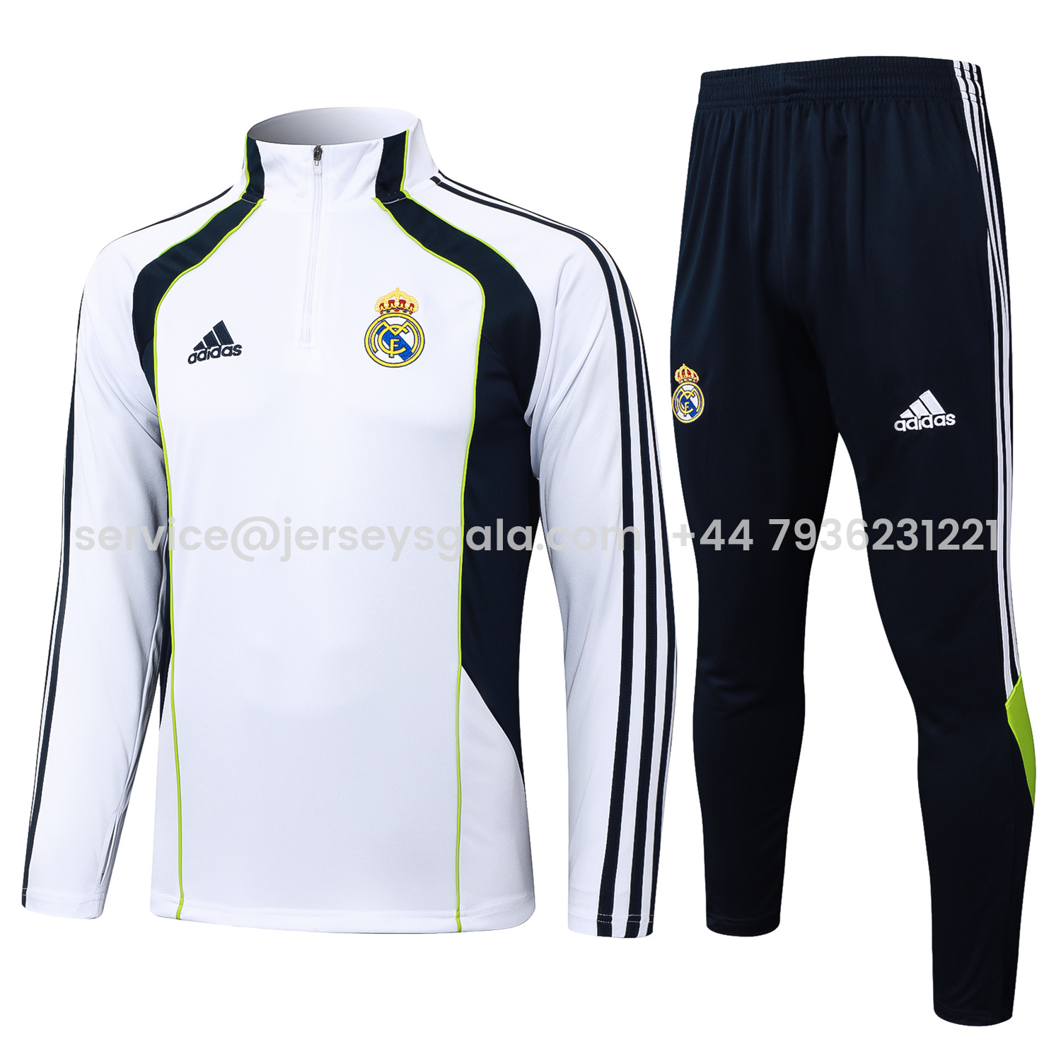 JerseysGala.com | Real Madrid 25-26 Long Sleeve Training Set - White Urban Purist Style and Deep Blue Pants -Customize Name, Number and Patch | Worldwide Shipping