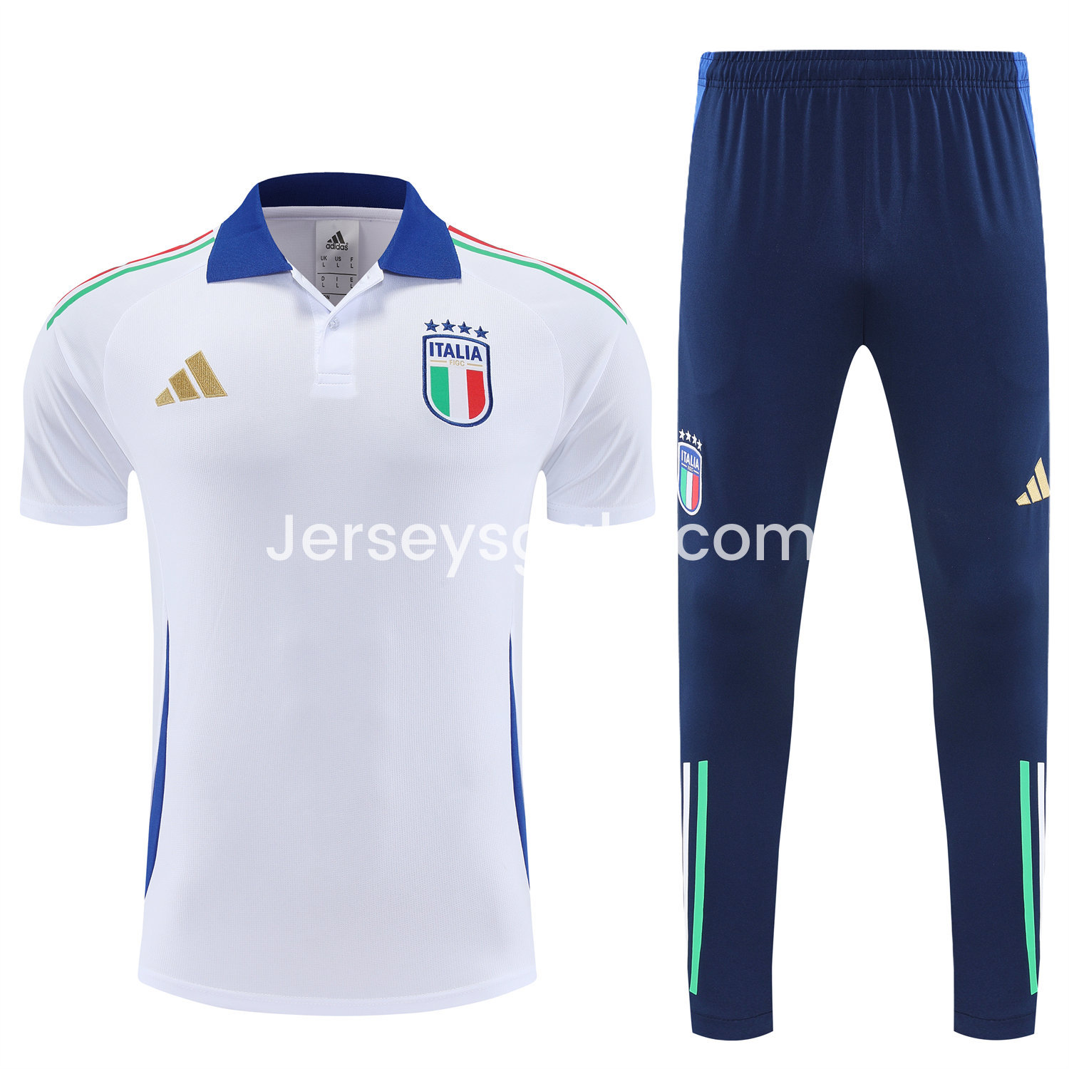 JerseysGala.com | Italy 25-26 POLO Short-Sleeve Training Set - White Top and Deep Blue Pants -Customize Name, Number and Patch | Worldwide Shipping