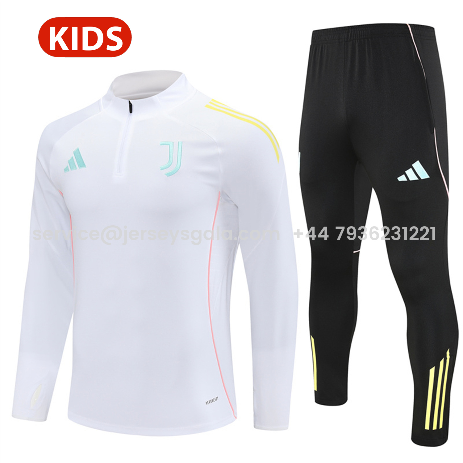 JerseysGala.com | Juventus 25-26 Kids Long Sleeve Training Set - White Top and Black Pants -Customize Name, Number and Patch | Worldwide Shipping