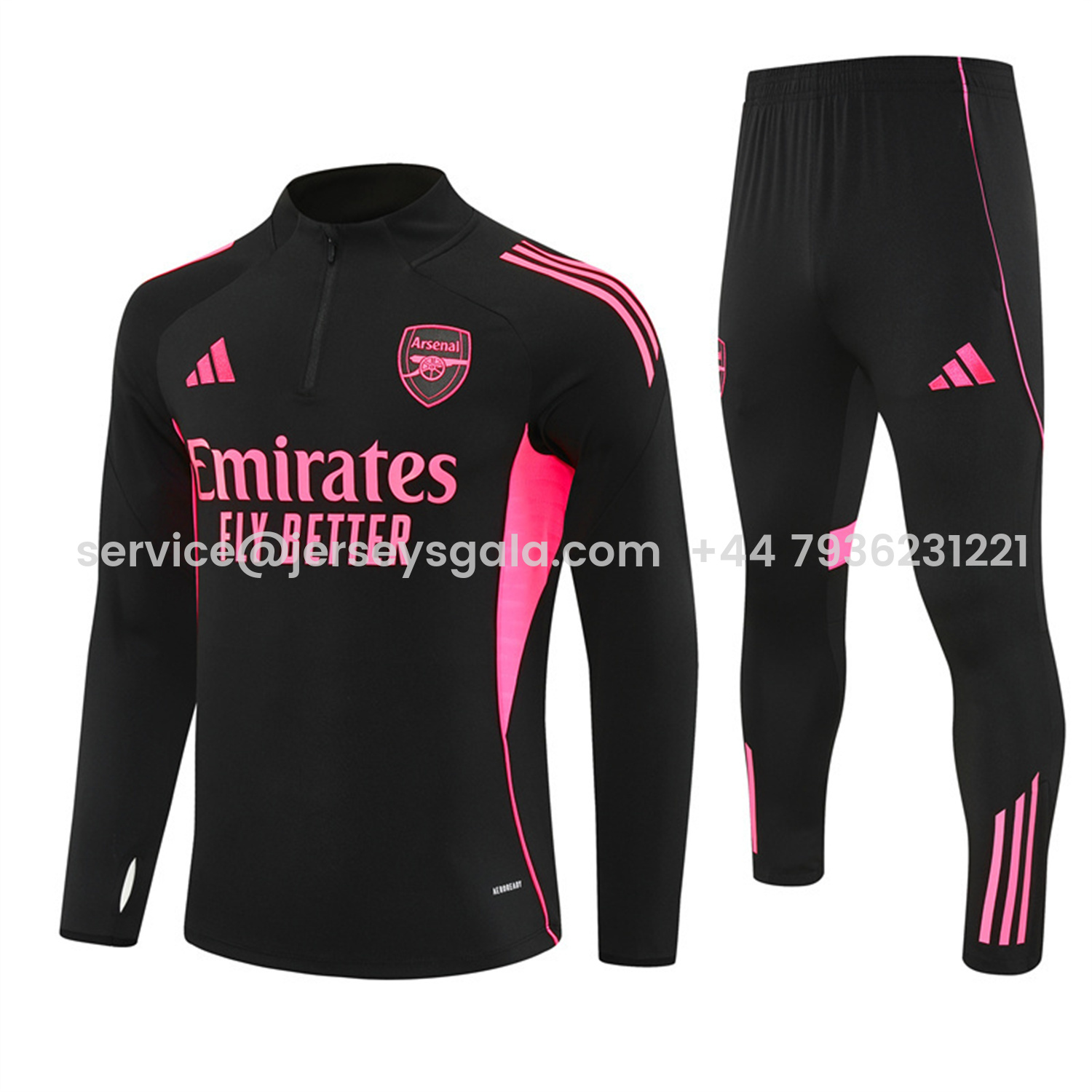 JerseysGala.com | Arsenal 25-26 Long Sleeve Training Set - Pink Logo Black Top & Black Pants -Customize Name, Number and Patch | Worldwide Shipping