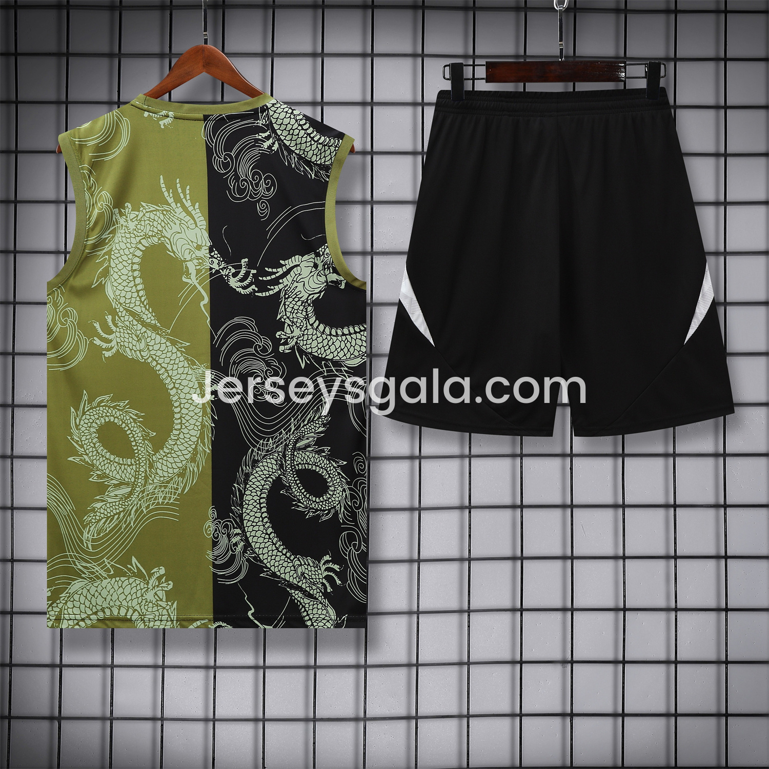 JerseysGala.com | Real Madrid 25-26 Vest Training Set - Green-Black Dragon Vest & Black-White Shorts -Customize Name, Number and Patch | Worldwide Shipping