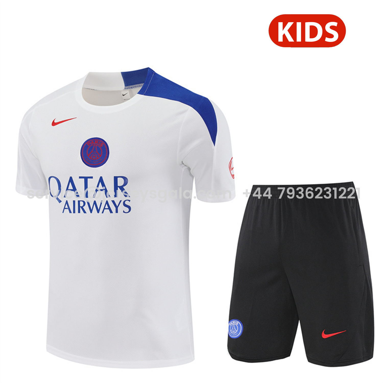 JerseysGala.com | Paris Saint-Germain PSG 25-26 Kids Short-Sleeve Training Set - White Top & Black Shorts -Customize Name, Number and Patch | Worldwide Shipping
