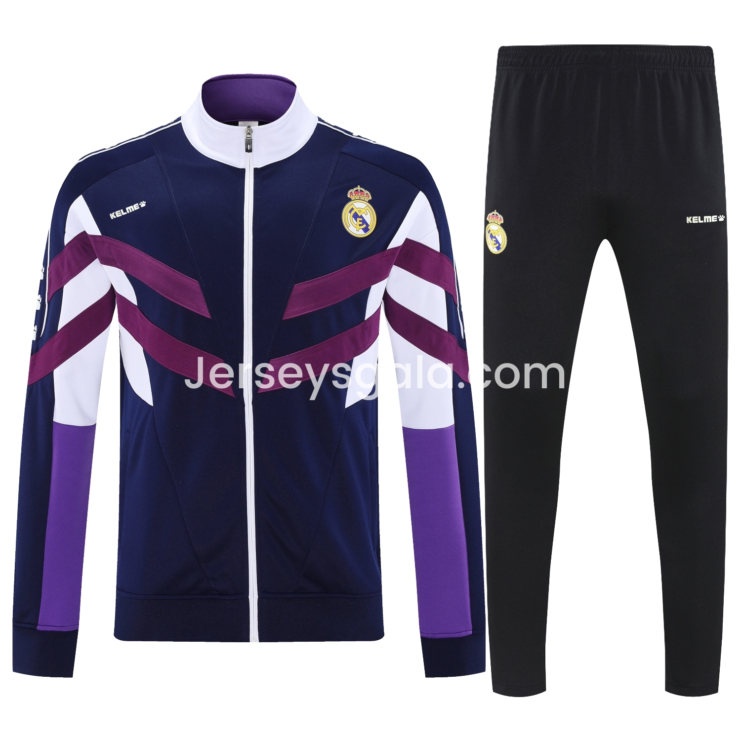 JerseysGala.com | Real Madrid 25-26 Throwback Jacket Training Tracksuit - Deep Blue and Purple Jackets & Black Pants -Customize Name, Number and Patch | Worldwide Shipping