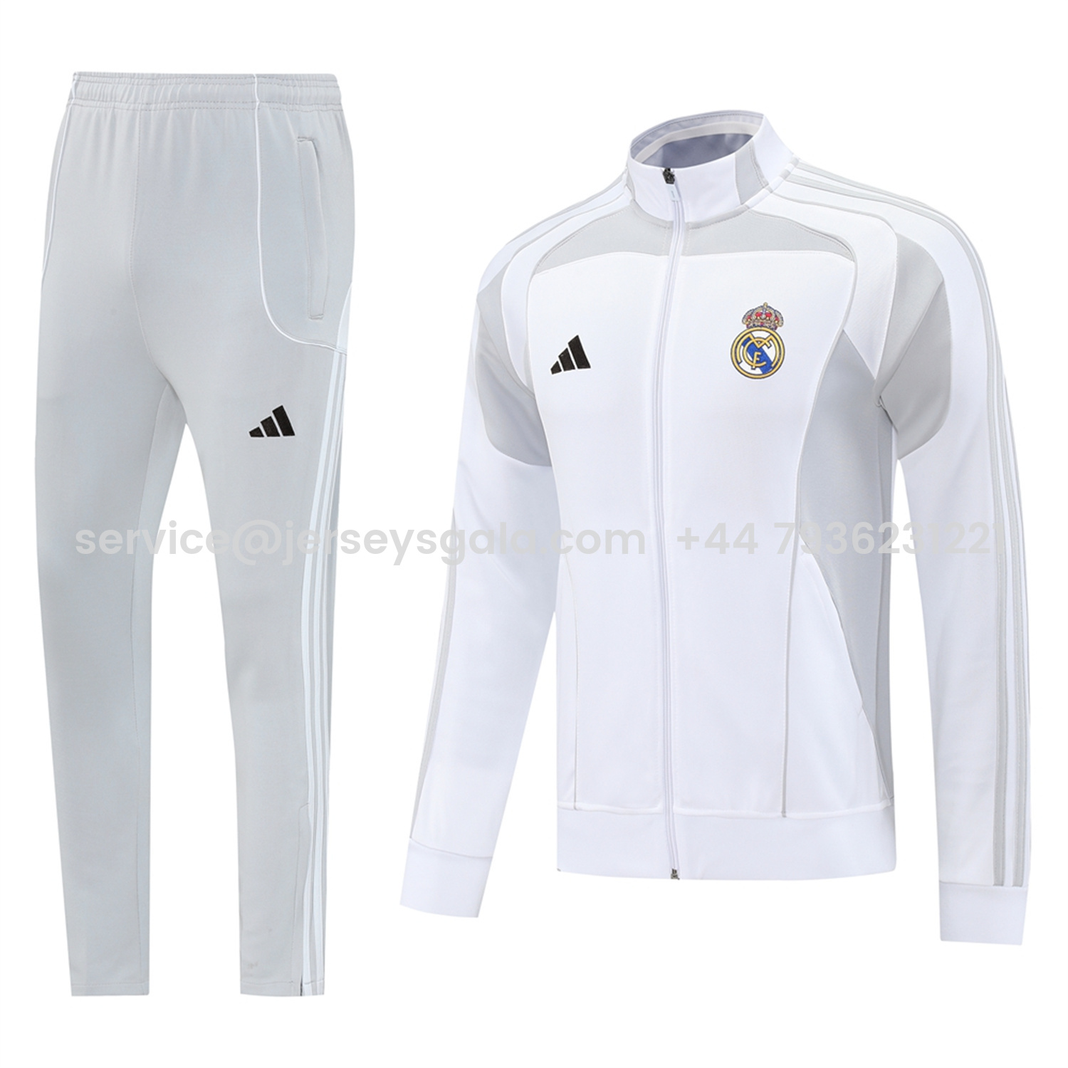 JerseysGala.com | Real Madrid 25-26 Jacket Training Tracksuit - White Jackets & Light Grey Pants -Customize Name, Number and Patch | Worldwide Shipping