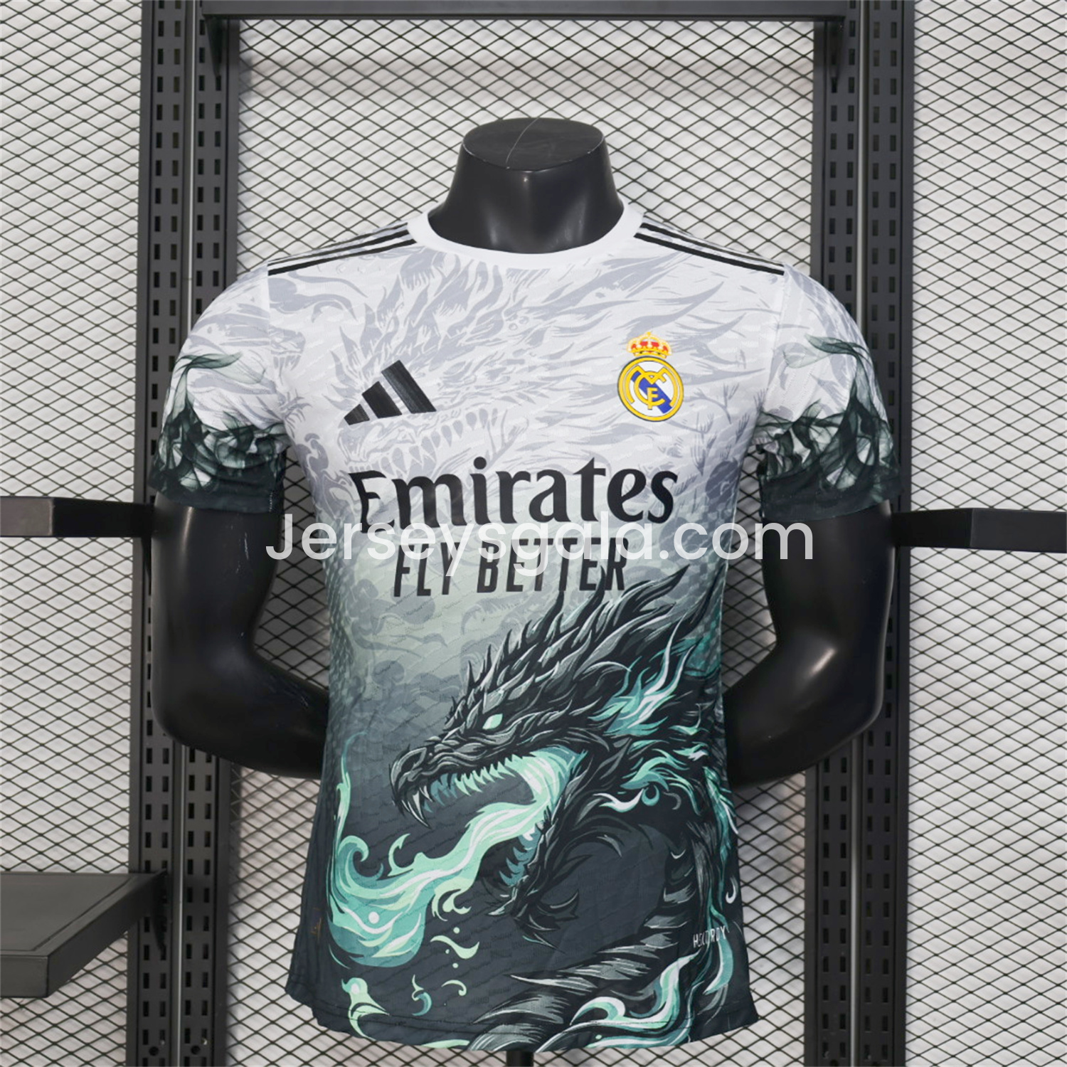 JerseysGala.com | Real Madrid 25-26 Black Green Dragon Soars White Jersey - Player Version -Customize Name, Number and Patch | Worldwide Shipping