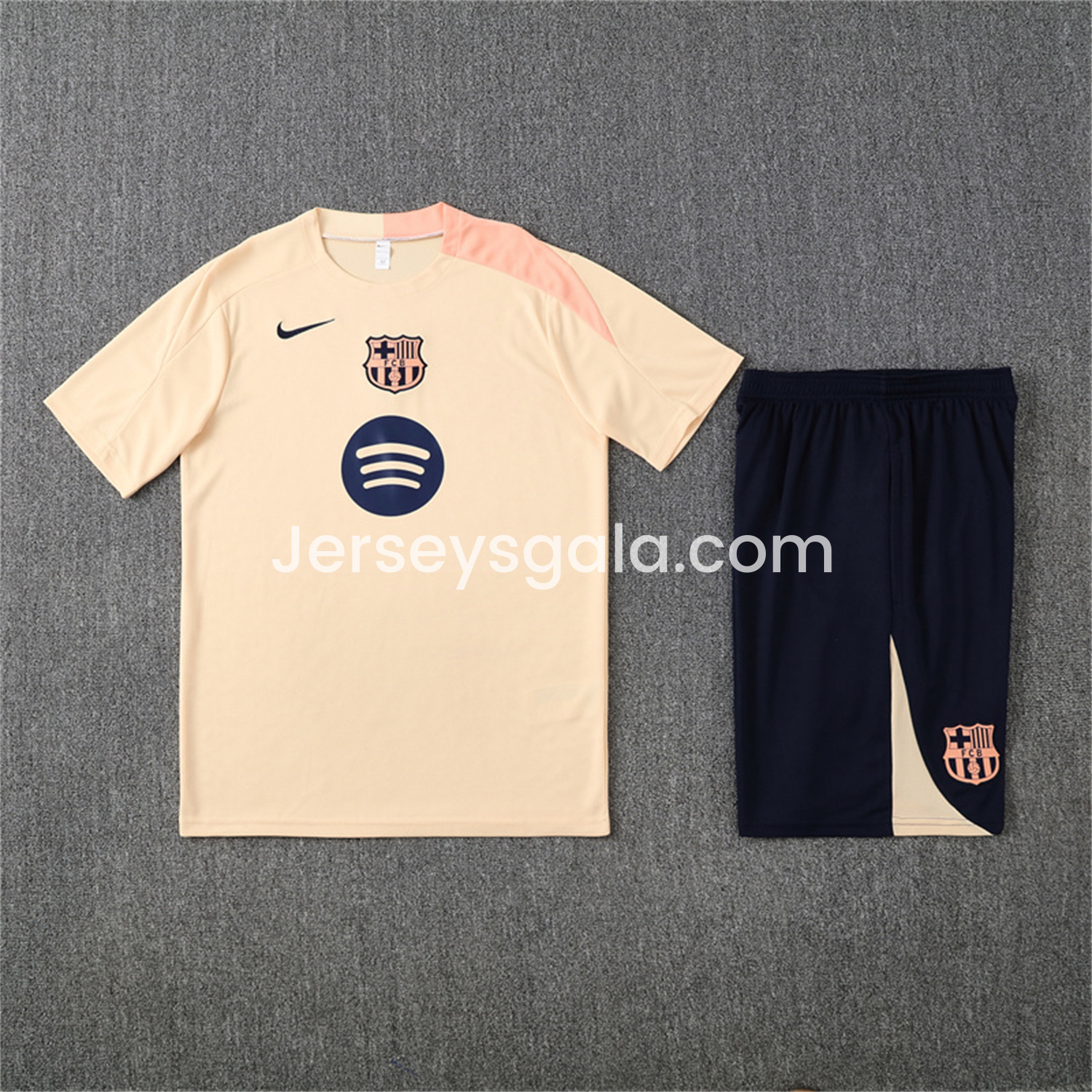 JerseysGala.com | Barcelona 25-26 Short-Sleeve Training Set - Beige Top & Blue Shorts -Customize Name, Number and Patch | Worldwide Shipping