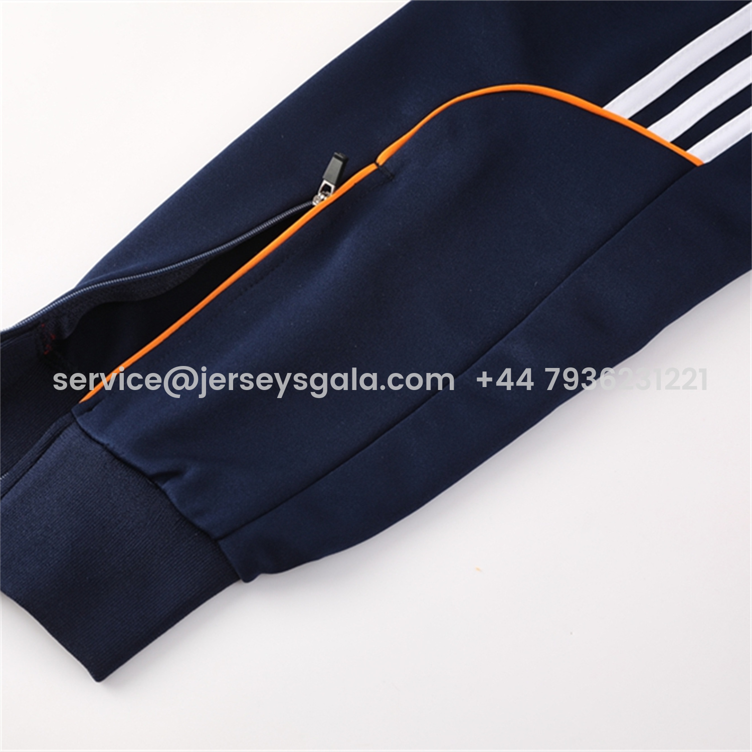 JerseysGala.com | Real Madrid 25-26 Jacket Training Tracksuit - Royal Blue Jackets & Pants with Orange Lines -Customize Name, Number and Patch | Worldwide Shipping
