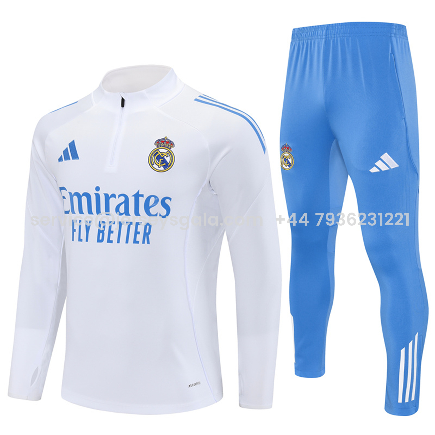 JerseysGala.com | Real Madrid 25-26 Long Sleeve Training Set - White Top & Blue Pants -Customize Name, Number and Patch | Worldwide Shipping