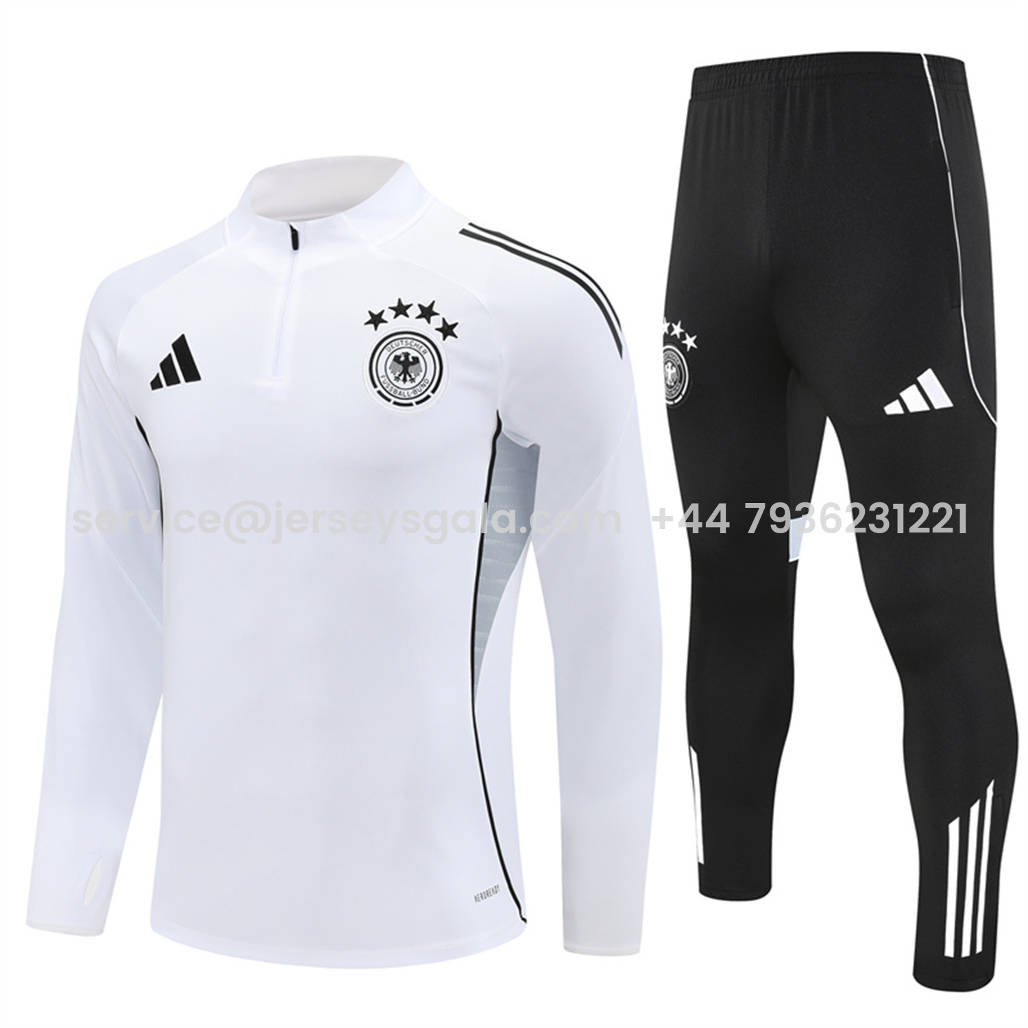 JerseysGala.com | Germany 25-26 Kids Long Sleeve Training Set - White Top and Black Pants -Customize Name, Number and Patch | Worldwide Shipping