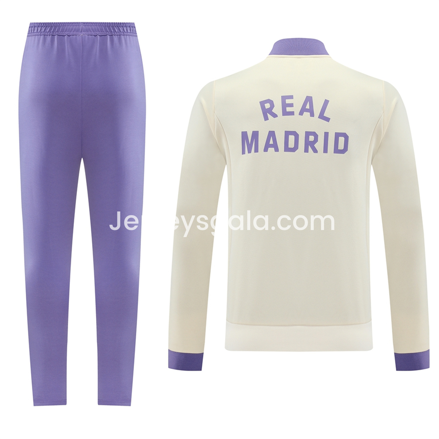 JerseysGala.com | Real Madrid 24-25 Throwback Jacket Training Tracksuit - Off-white Jackets & Purple Pants -Customize Name, Number and Patch | Worldwide Shipping
