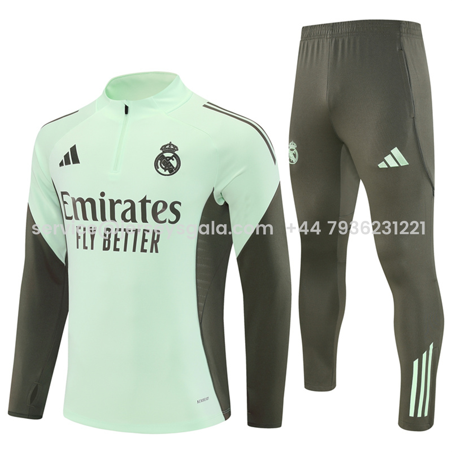 JerseysGala.com | Real Madrid 25-26 Long Sleeve Training Set - Light Green Top & Army Green Pants -Customize Name, Number and Patch | Worldwide Shipping