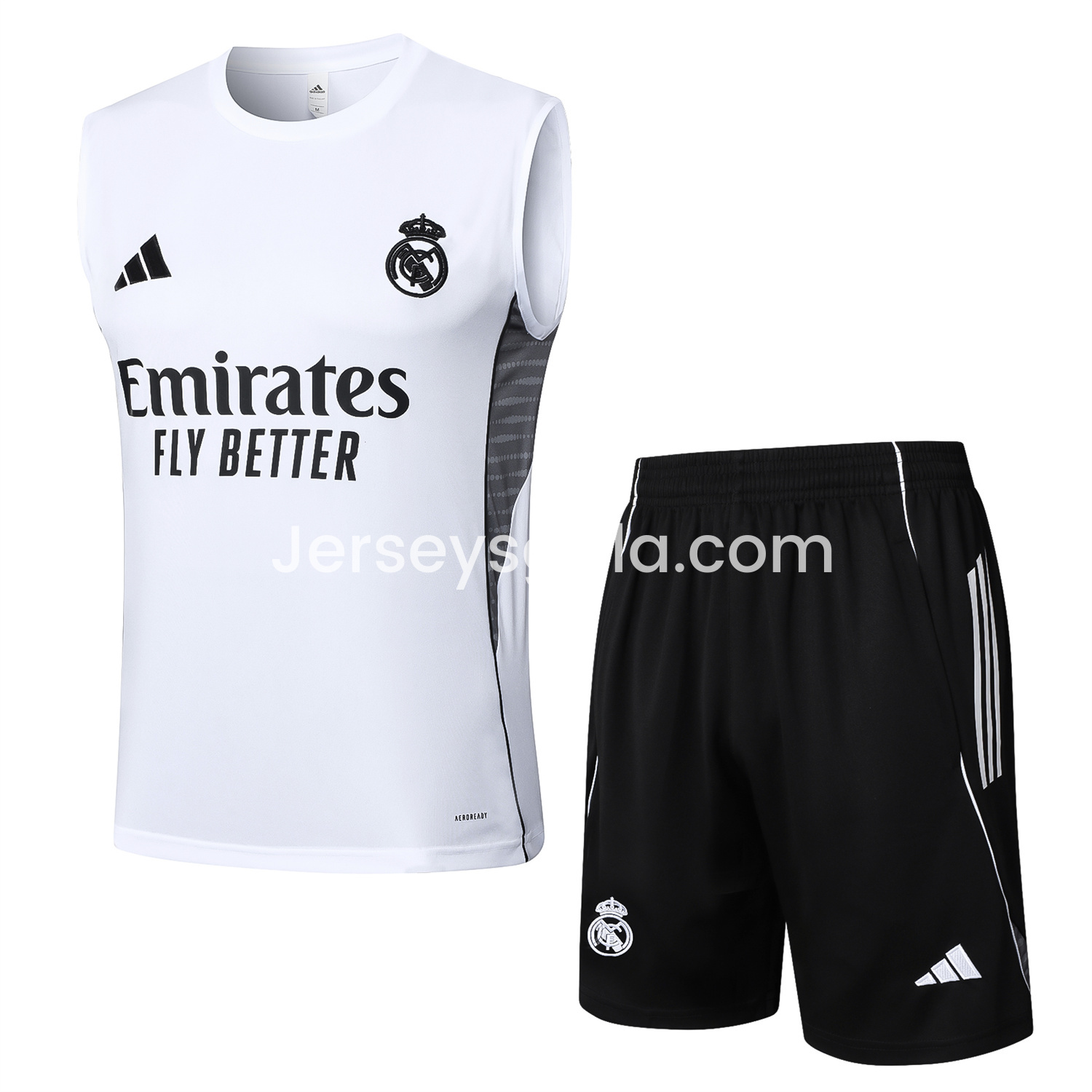 JerseysGala.com | Real Madrid 25-26 Vest Training Set - White Vest and Black Shorts -Customize Name, Number and Patch | Worldwide Shipping