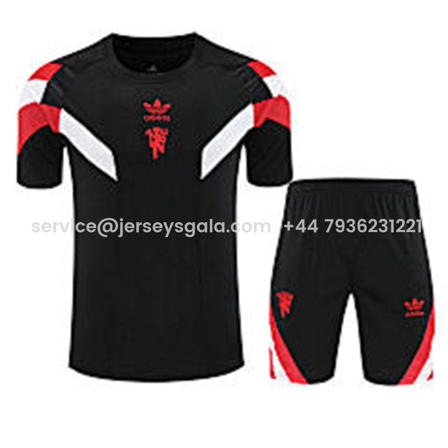 JerseysGala.com | Manchester United 25-26 Short-Sleeve Training Set - Red Devil Black Top & Black Shorts -Customize Name, Number and Patch | Worldwide Shipping