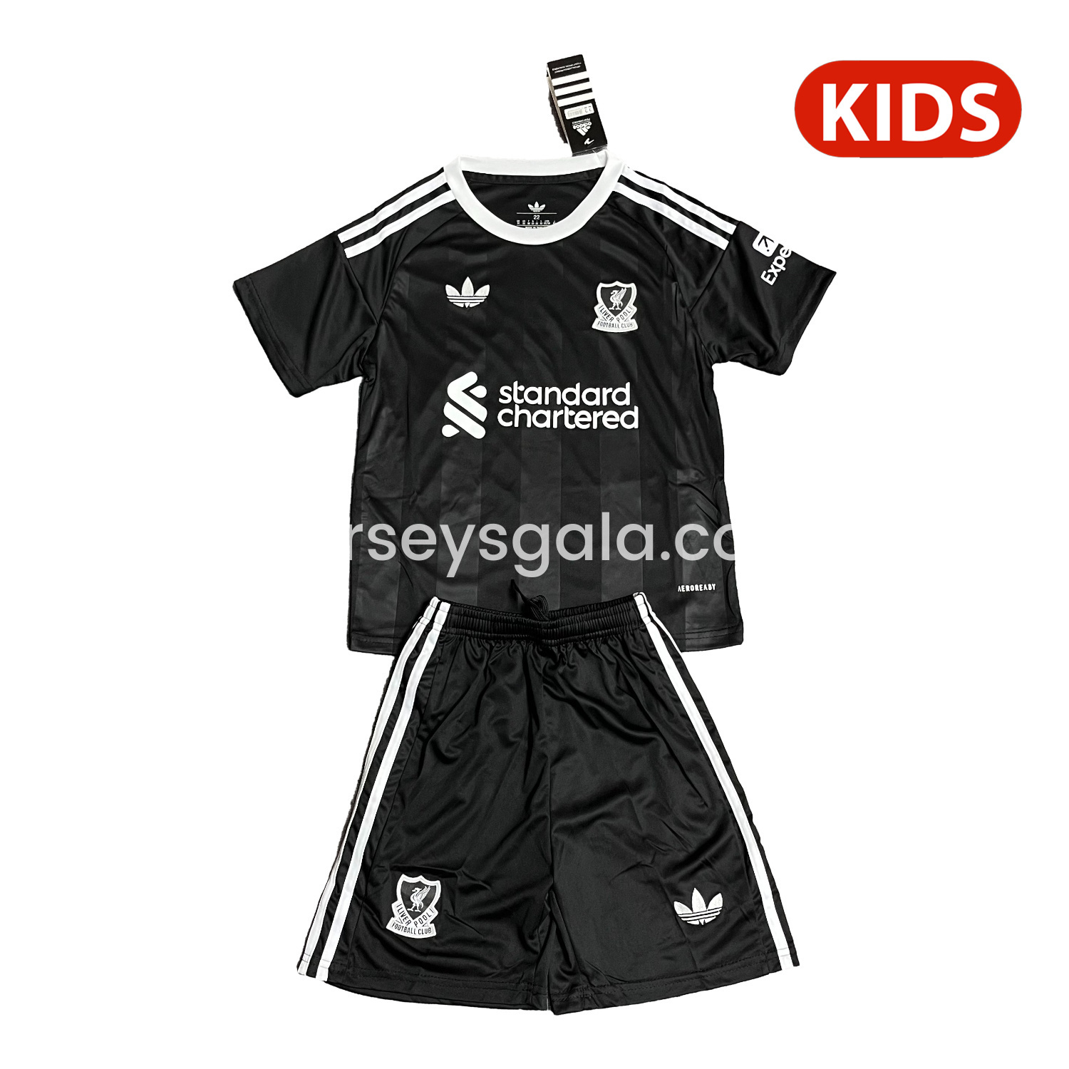 JerseysGala.com | Liver.pool 25-26 Trefoil Black Goalkeeper Kids Kit -Customize Name, Number and Patch | Worldwide Shipping