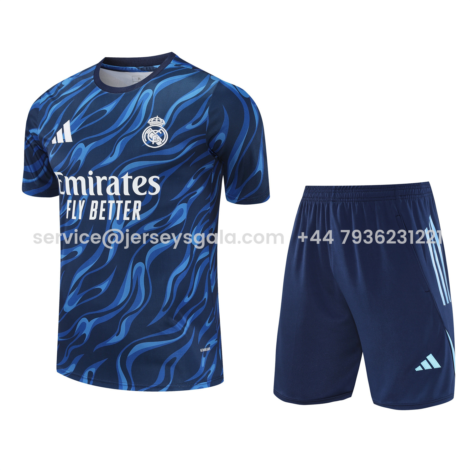 JerseysGala.com | Real Madrid 25-26 Short-Sleeve Training Set - Blue Water Pattern Top & Deep Blue Shorts -Customize Name, Number and Patch | Worldwide Shipping