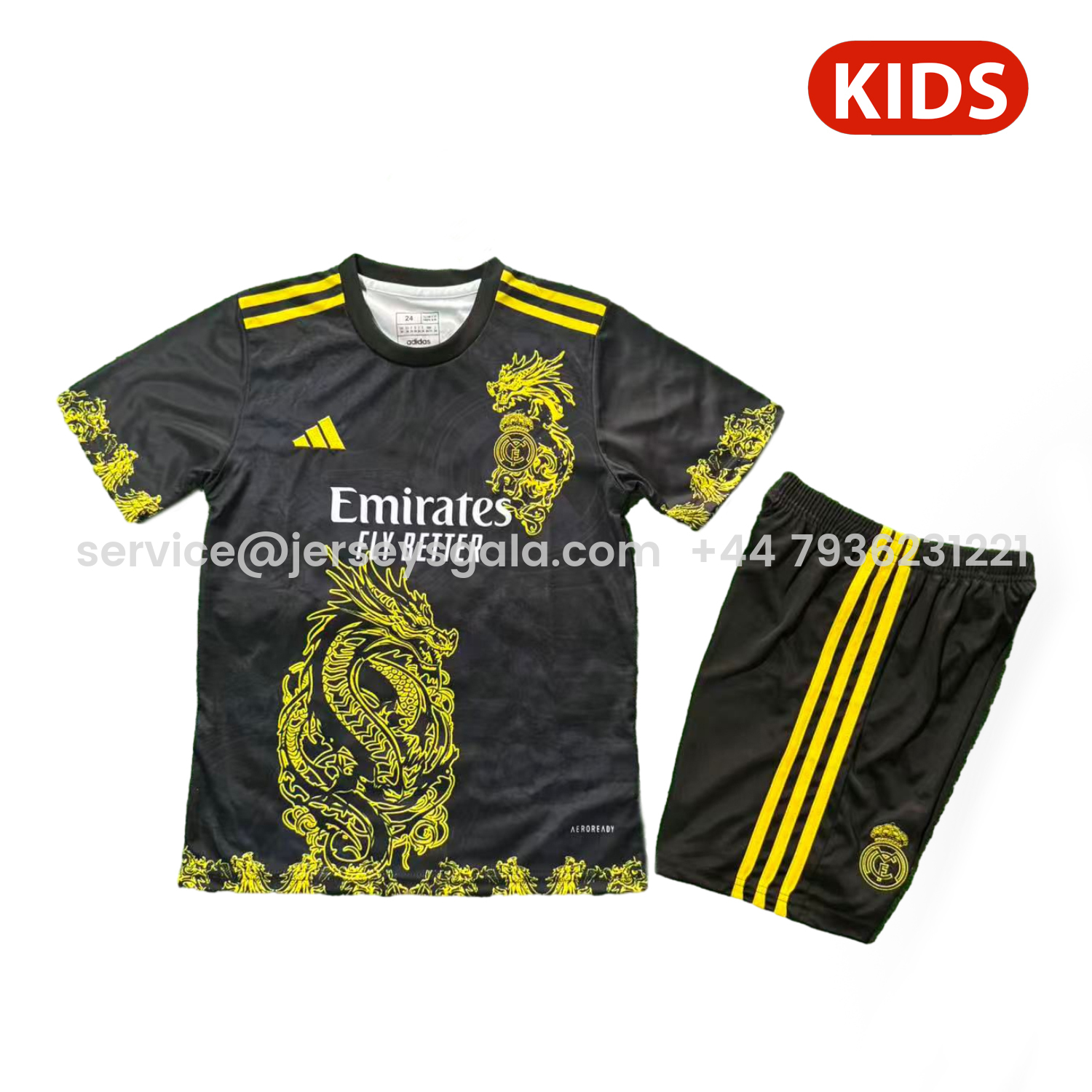 JerseysGala.com | Real Madrid 25-26 Yellow Dragon Black Special Kids Kit -Customize Name, Number and Patch | Worldwide Shipping