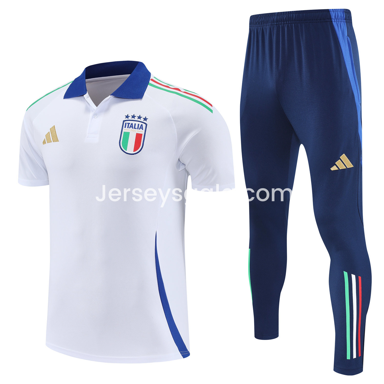 JerseysGala.com | Italy 25-26 POLO Short-Sleeve Training Set - White Top and Deep Blue Pants -Customize Name, Number and Patch | Worldwide Shipping